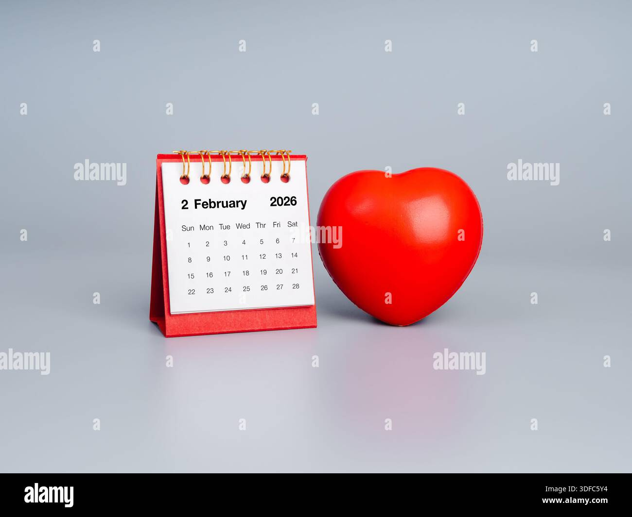 Calendar Showing February 2026 Page With 3D Red Heart Ball On Gray intended for February 2026 Calendar Love