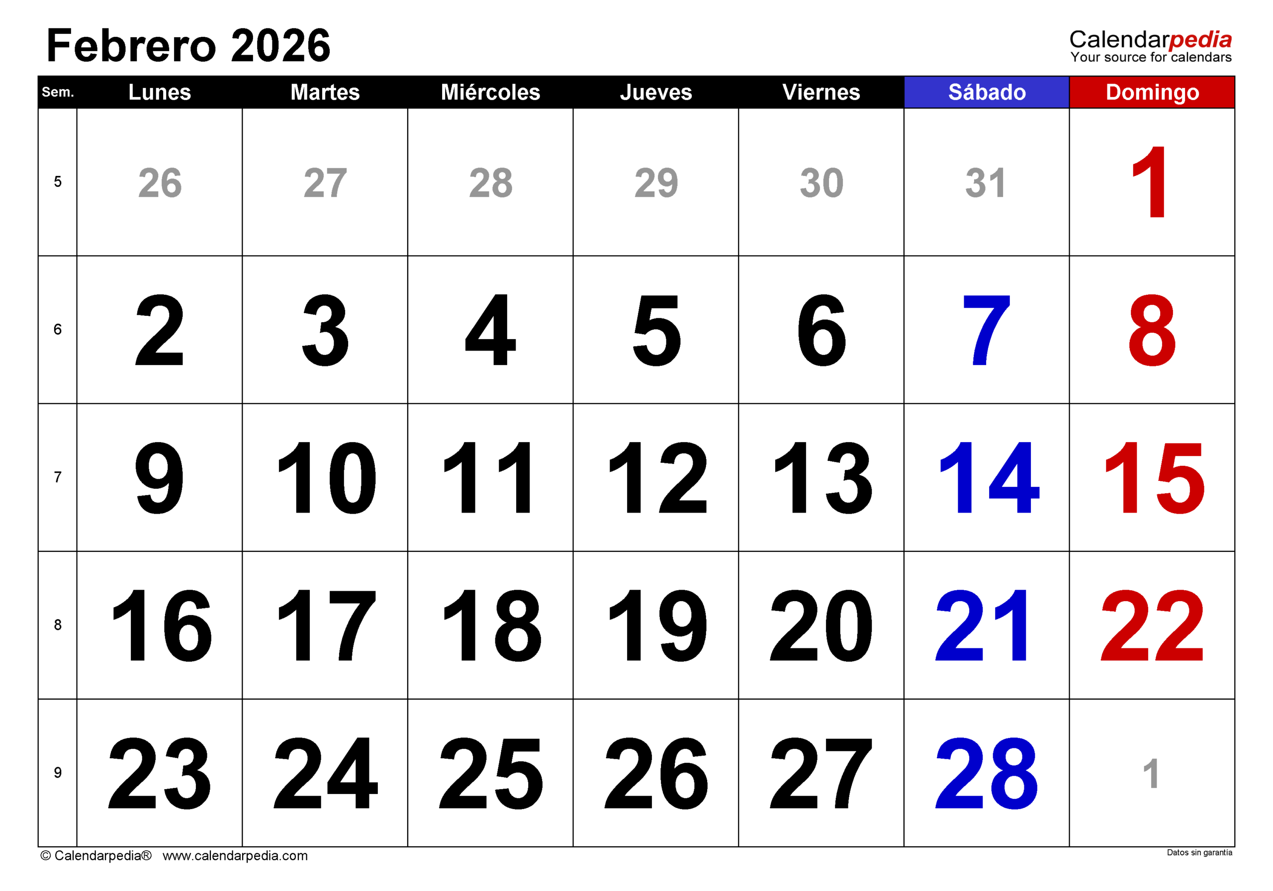 Calendario Febrero 2026 En Pdf, Excel Y Word | Calendarpedia intended for Calendario de Febrero 2026