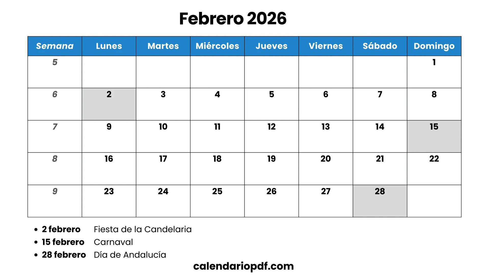 Calendario Febrero 2026 Para Imprimir Pdf Y Excel with Calendario de Febrero 2026