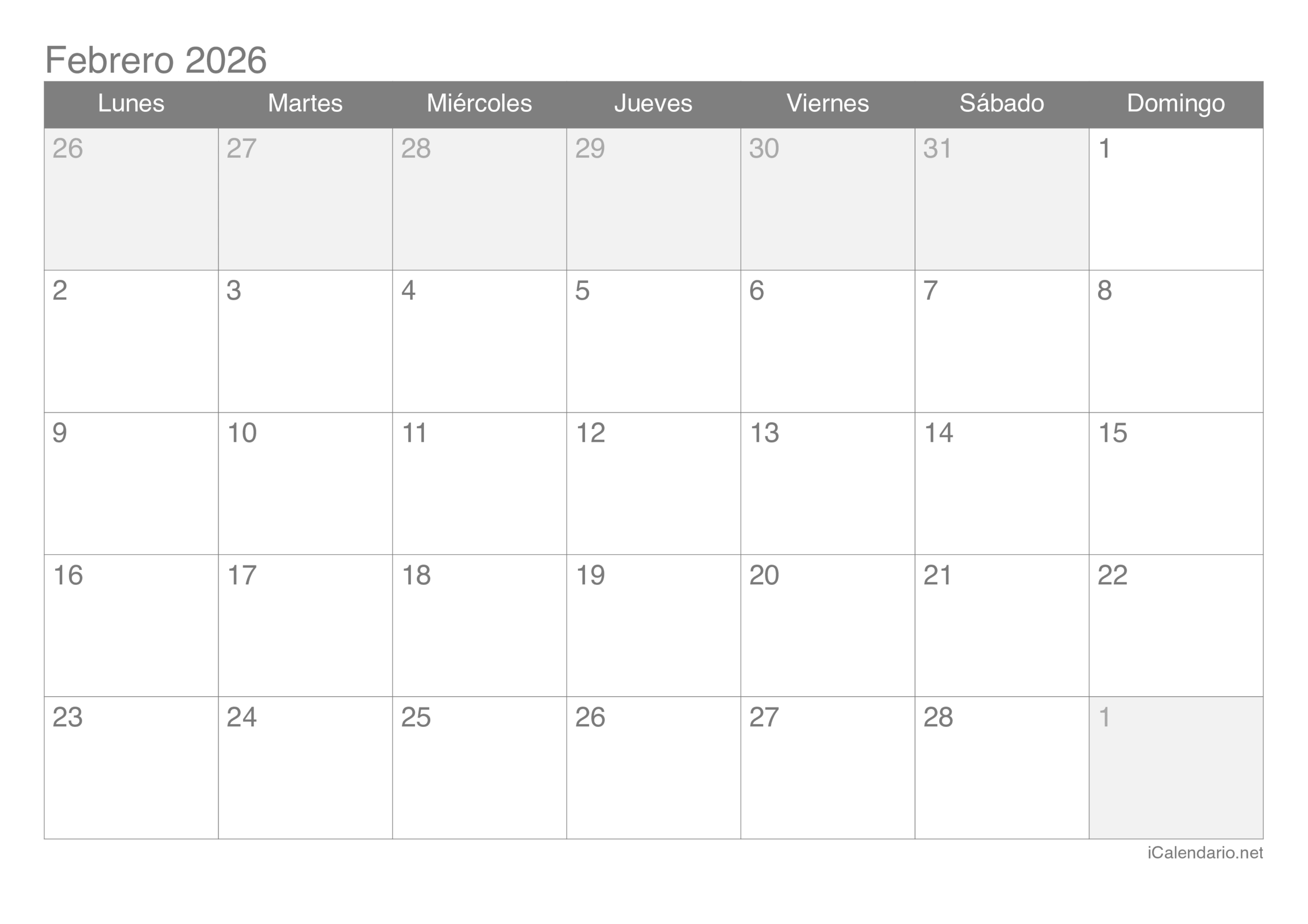 Calendario Febrero De 2026 Para Imprimir for Calendario Febrero 2026