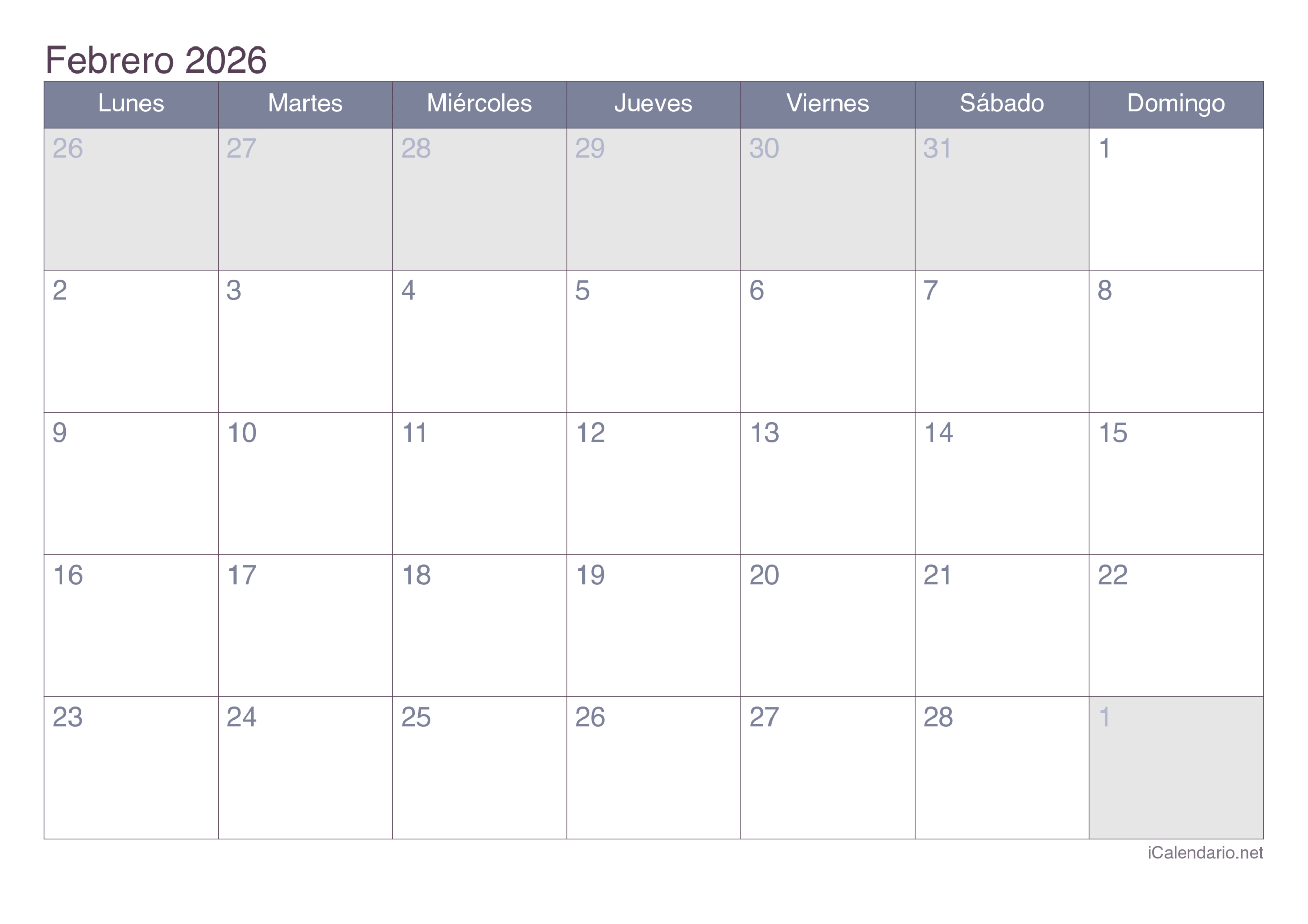 Calendario Febrero De 2026 Para Imprimir regarding Calendario Febrero 2026 Para Imprimir