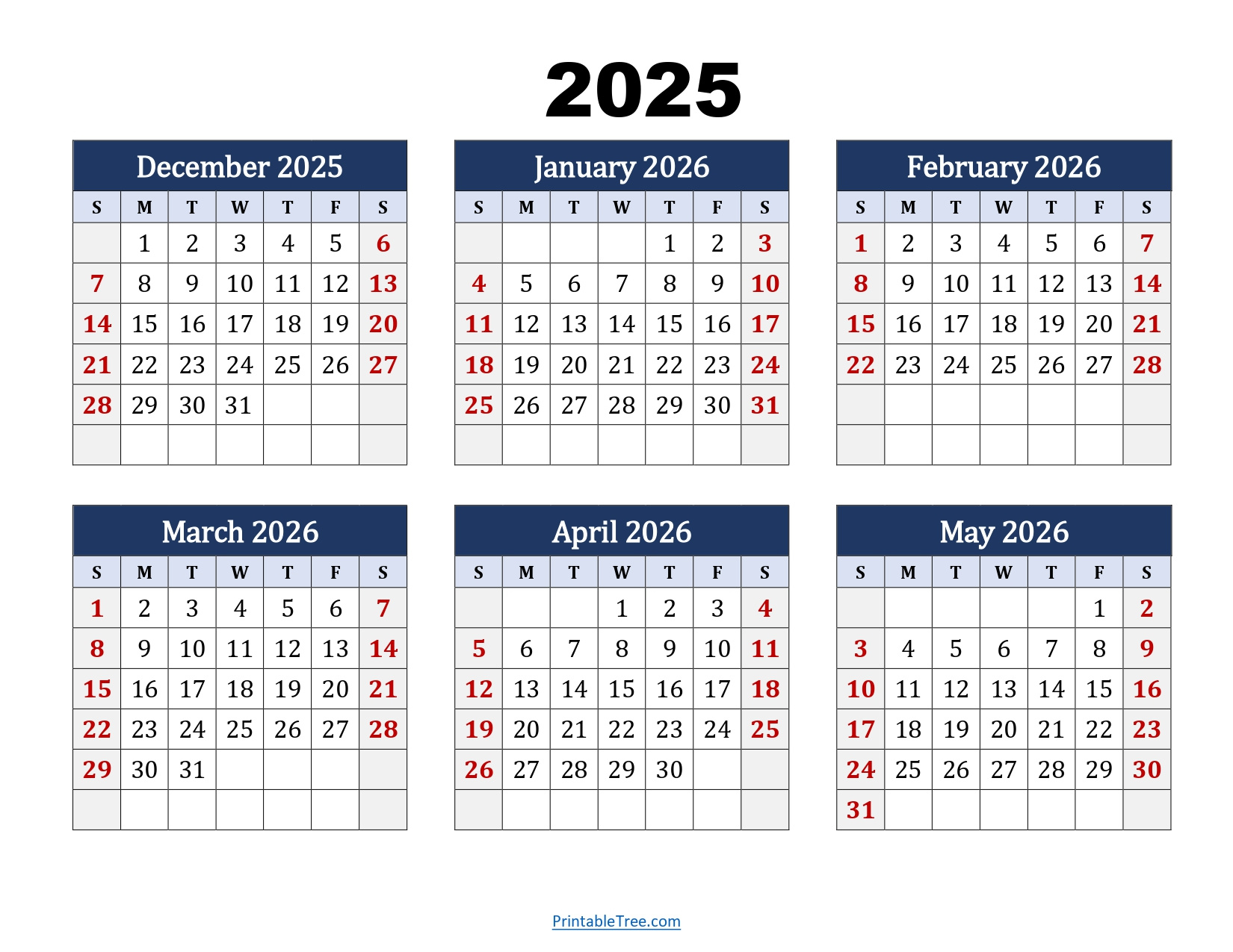 December To May 2026 Calendar Printable Pdf | Six Months Calendar in December 2025 to February 2026 Calendar