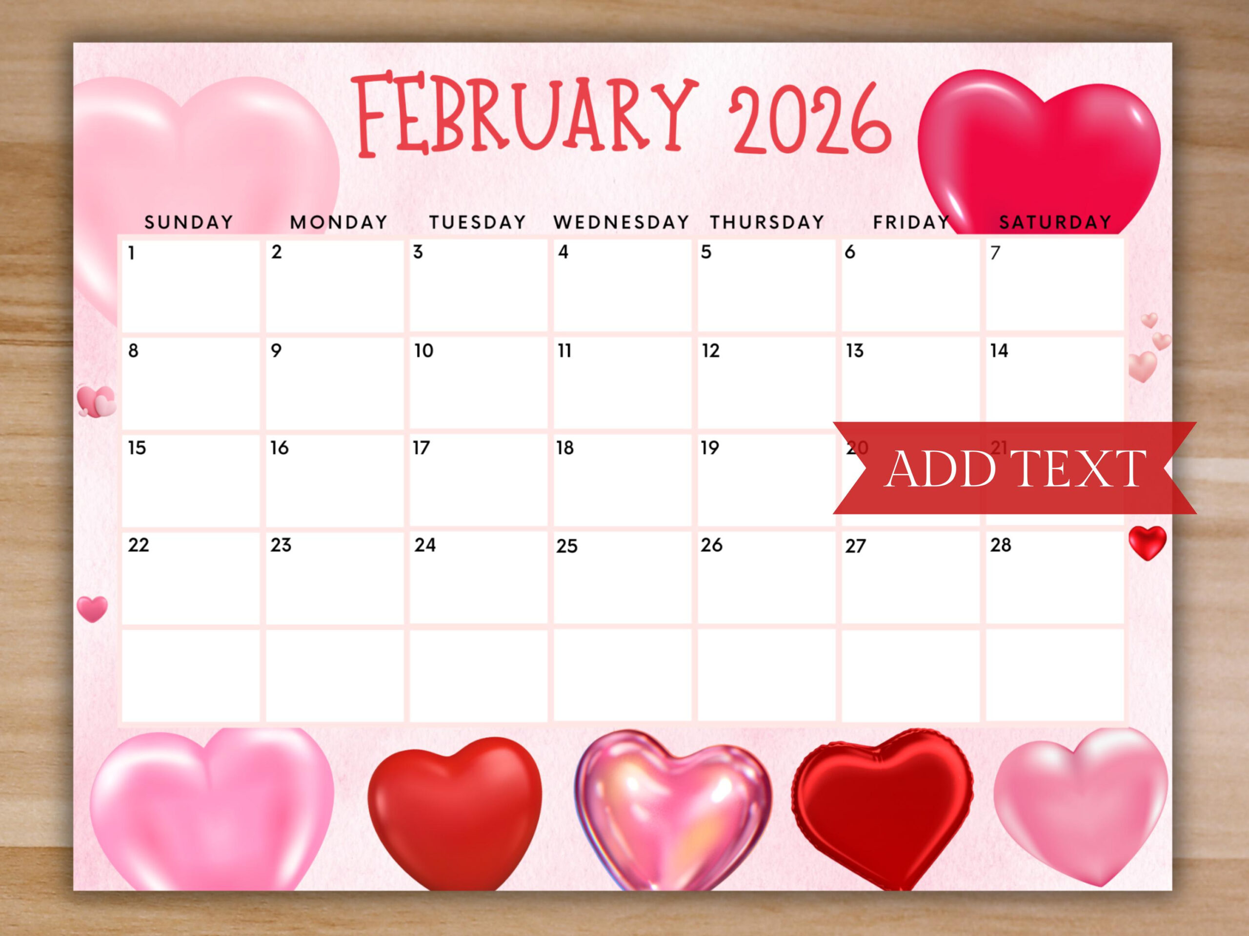 Editable February 2026 Calendar, Printable Valentine&amp;#039;S Day with February 2026 Calendar Hearts