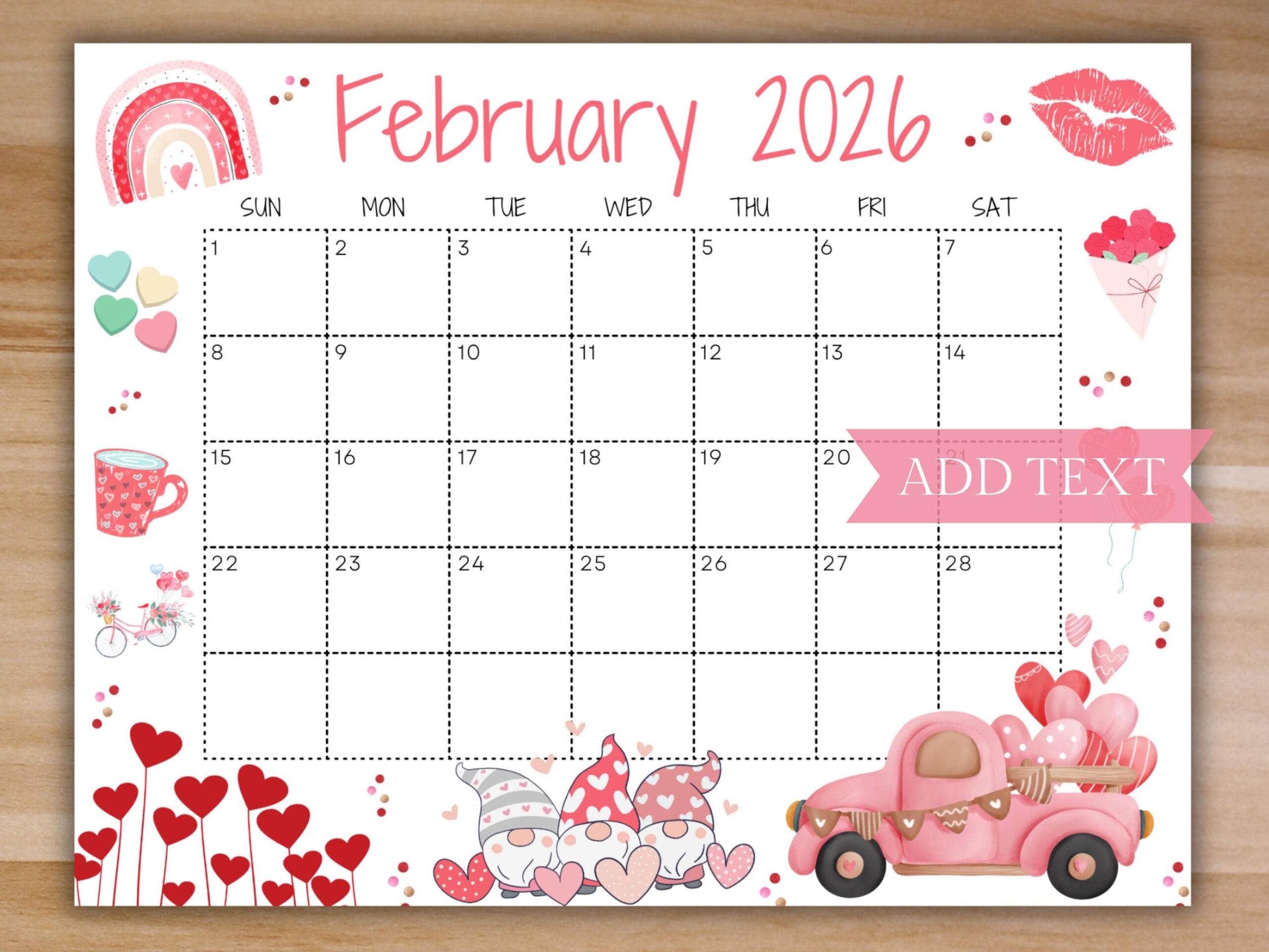 Editable February Calendar 2026, Printable Calendar 2026, Cute intended for February 2026 Calendar Waterproof