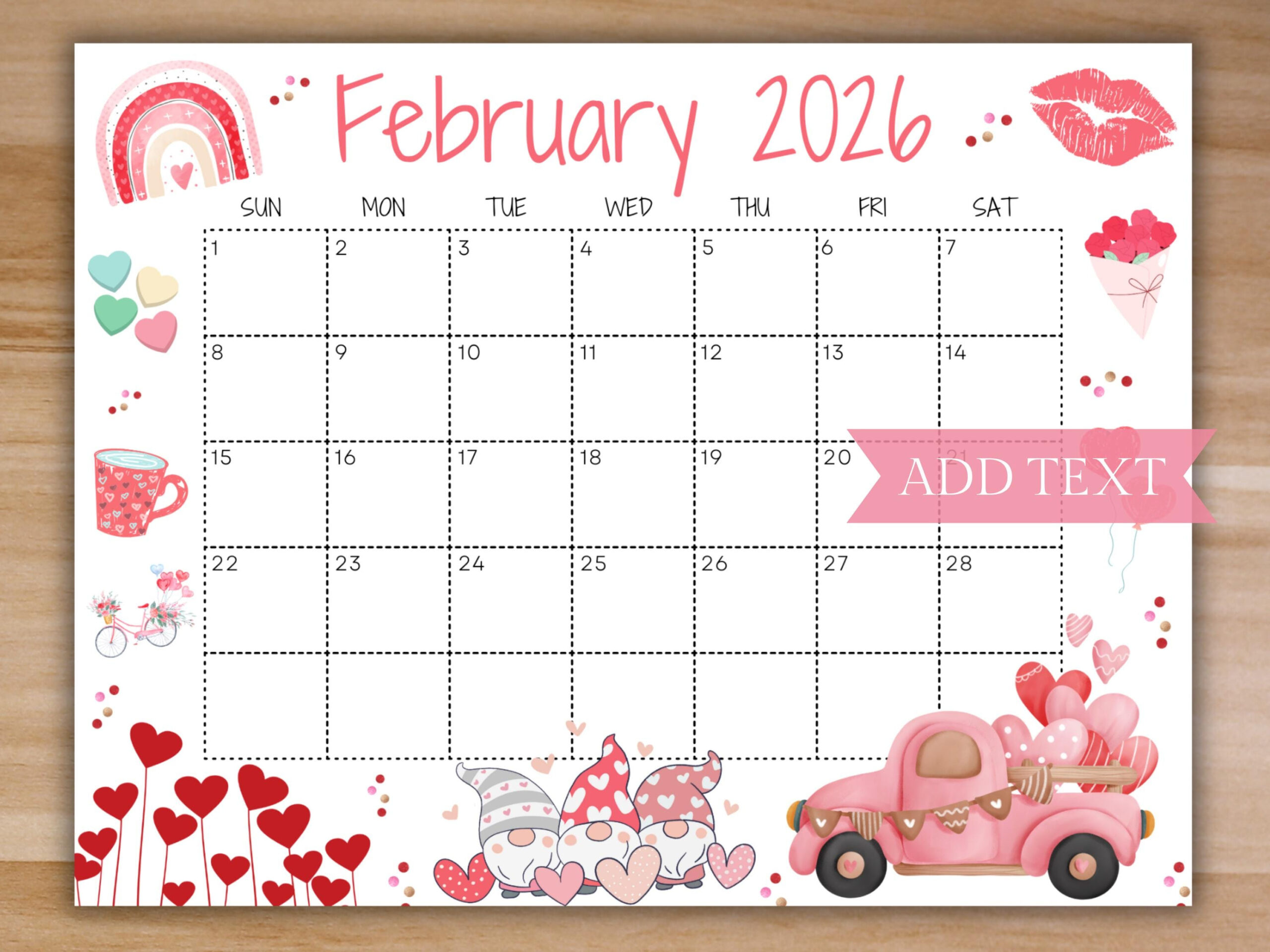 Editable February Calendar 2026, Printable Calendar 2026, Cute with February 2026 Calendar From Waterproof