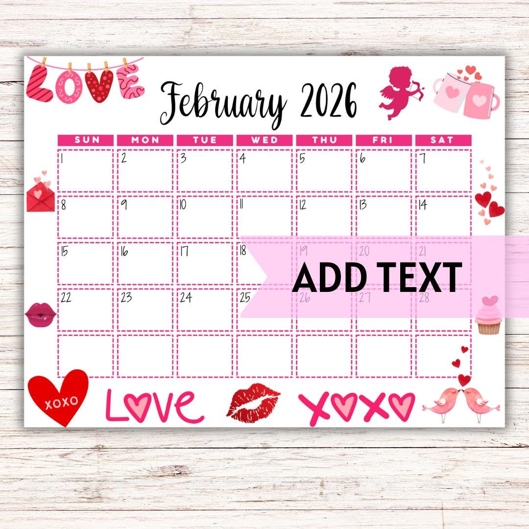 Editable Printable February Calendar 2026 | Cute Valentine'S Day within February 2026 Calendar Clipart