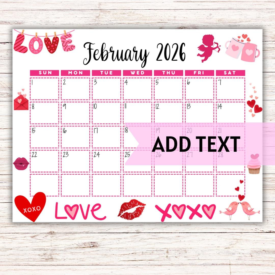 Editierbar Druckbarer Februar Kalender 2026 | Süßer  Valentinstag-Februarkalender Monatskalender | Februar 2026 Kalender |  Befüllbar - Etsy.de regarding February Calendar For 2026