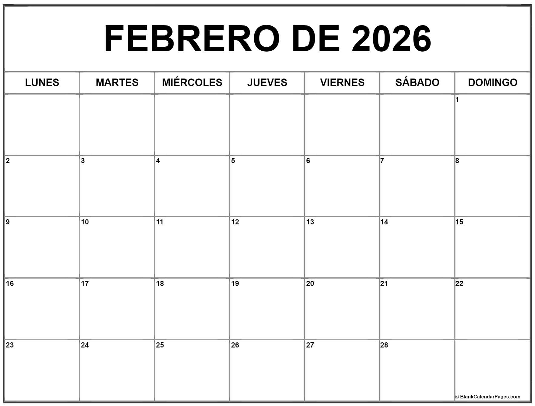 Febrero De 2026 Calendario Gratis | Calendario Febrero in Calendario Febrero 2026