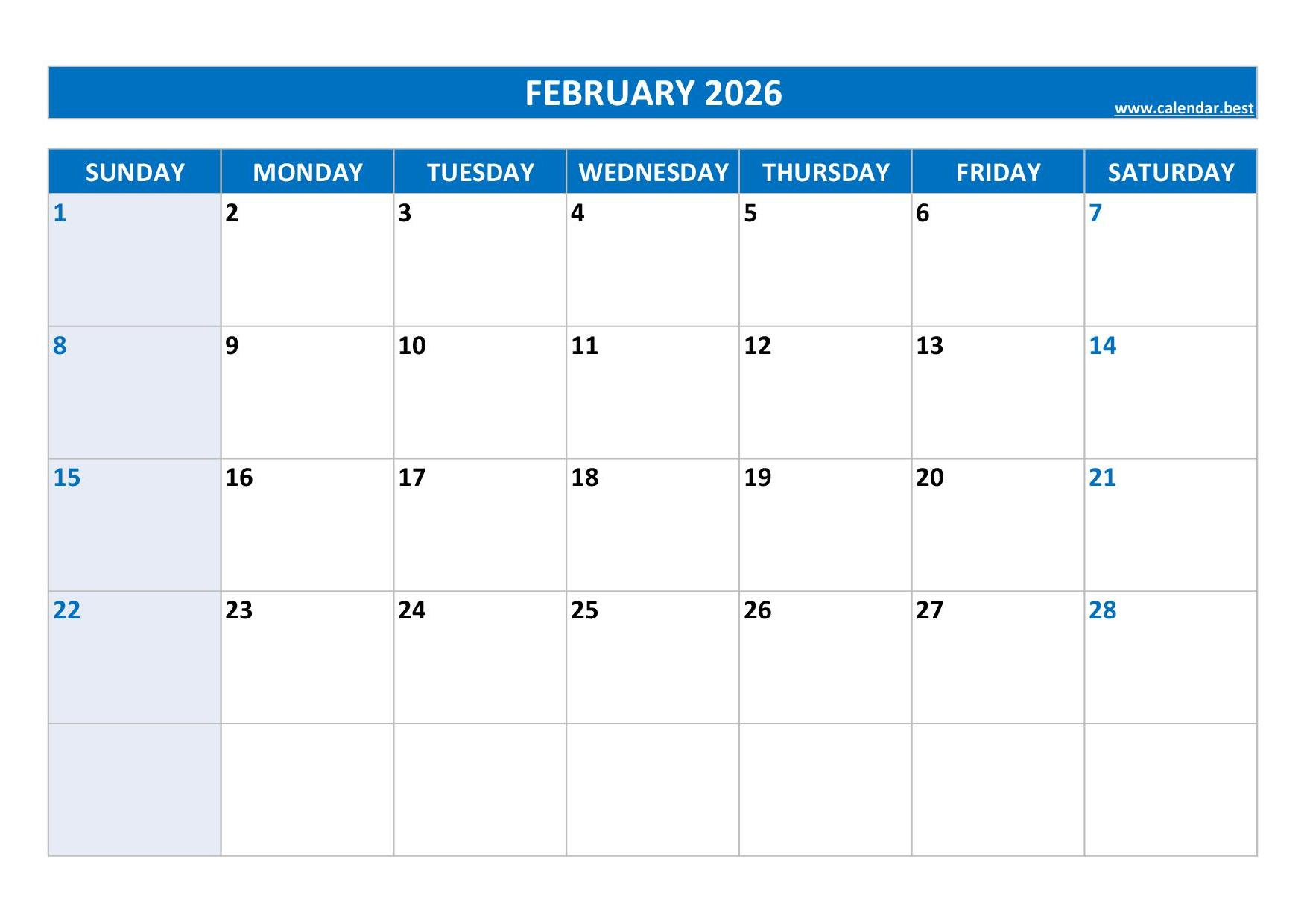 February 2026 Calendar -Calendar.best for Feb 2026 Calendar