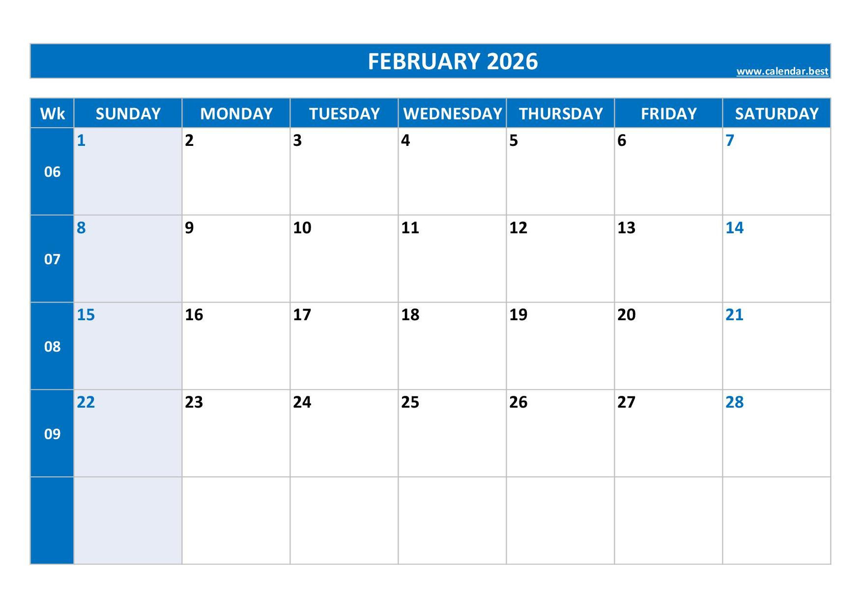 February 2026 Calendar -Calendar.best pertaining to Feb 2026 Calendar Printable With Holidays
