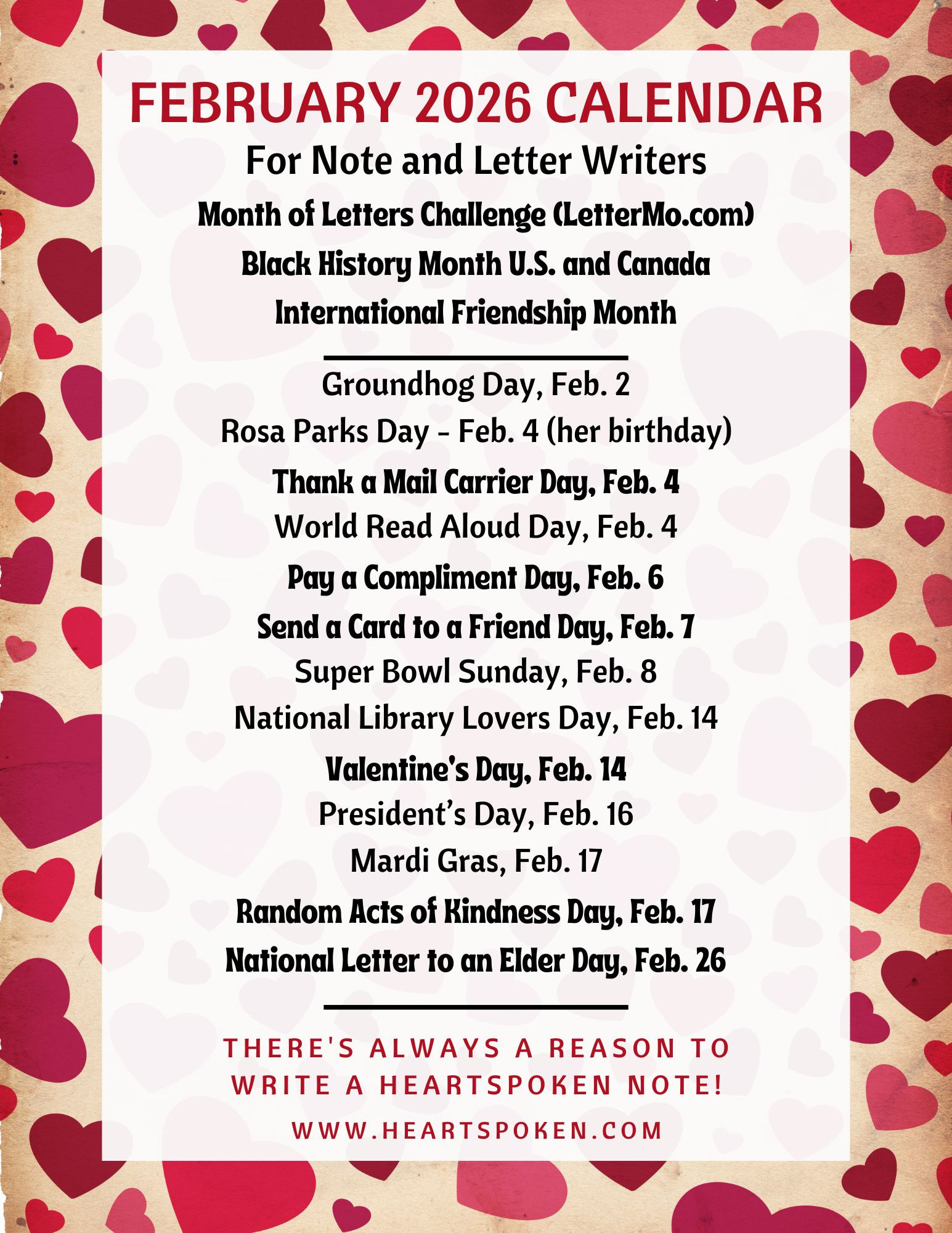 February 2026 Calendar For Note And Letter Writers with February 2026 Calendar Important Days