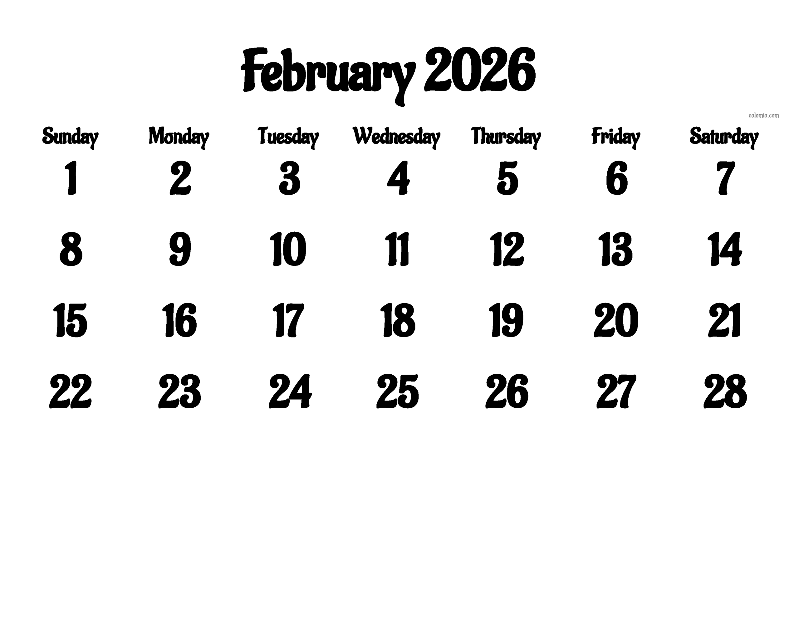 February 2026 Calendar - Free Printable Pdf, Xls And Png | Colomio for Feb 2026 Calendar Png