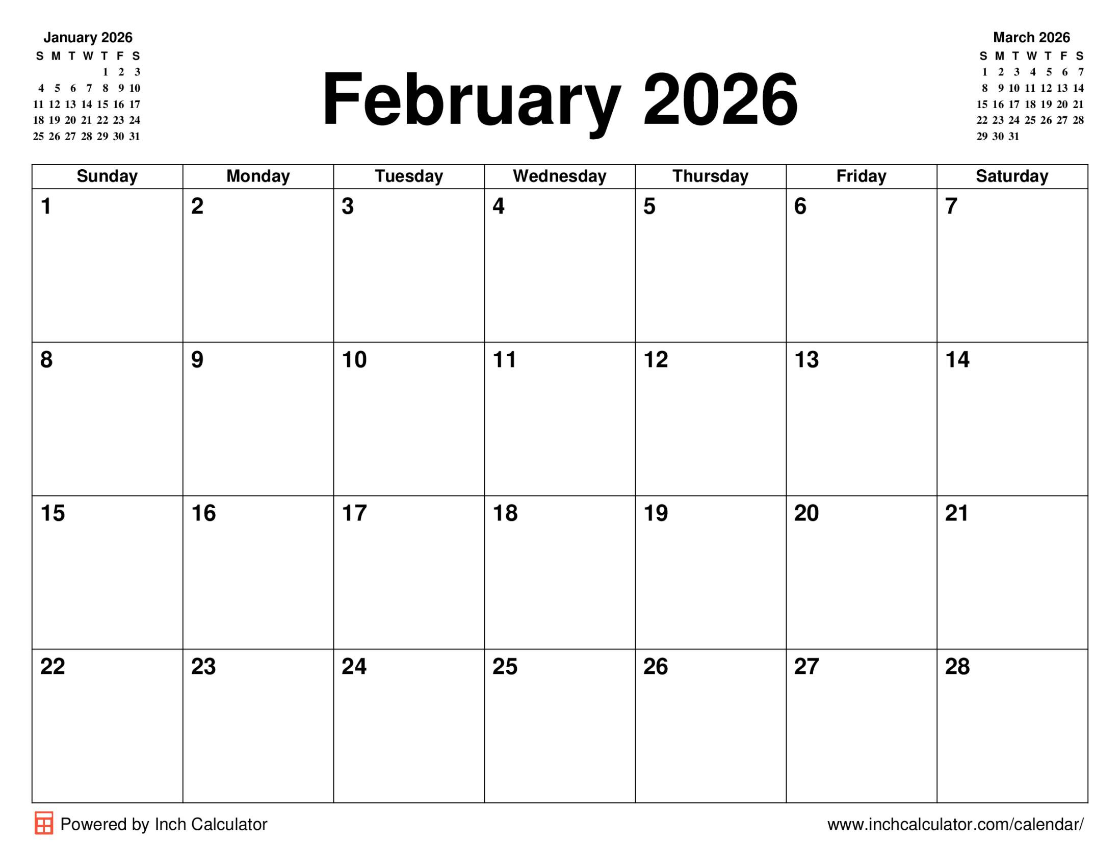 February 2026 Calendar - Inch Calculator intended for February 2026 Calendar Inch Calculator