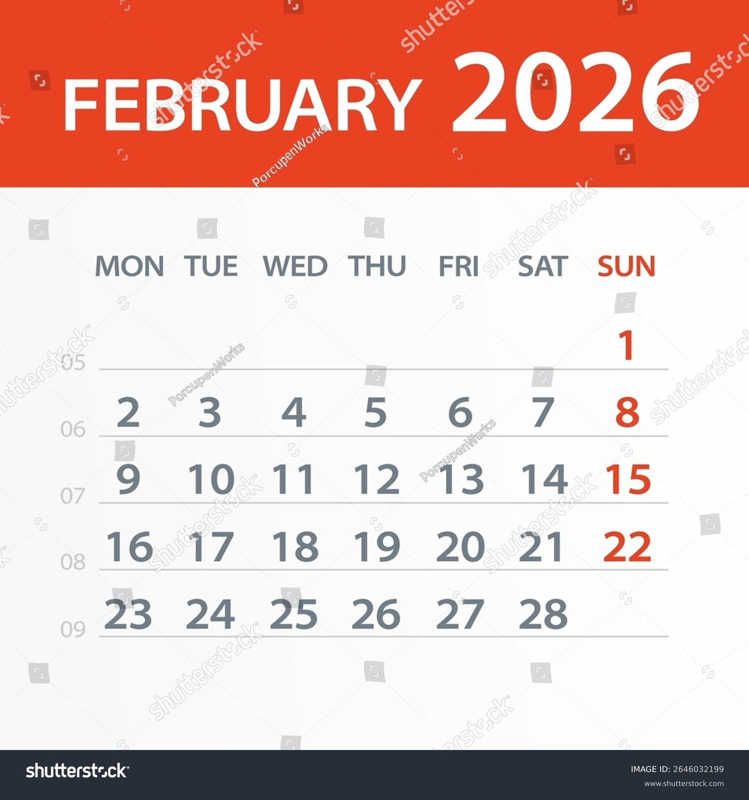 February 2026 Calendar Leaf Illustration Vector Stock Vector intended for Feb 2026 Calendar Clipart