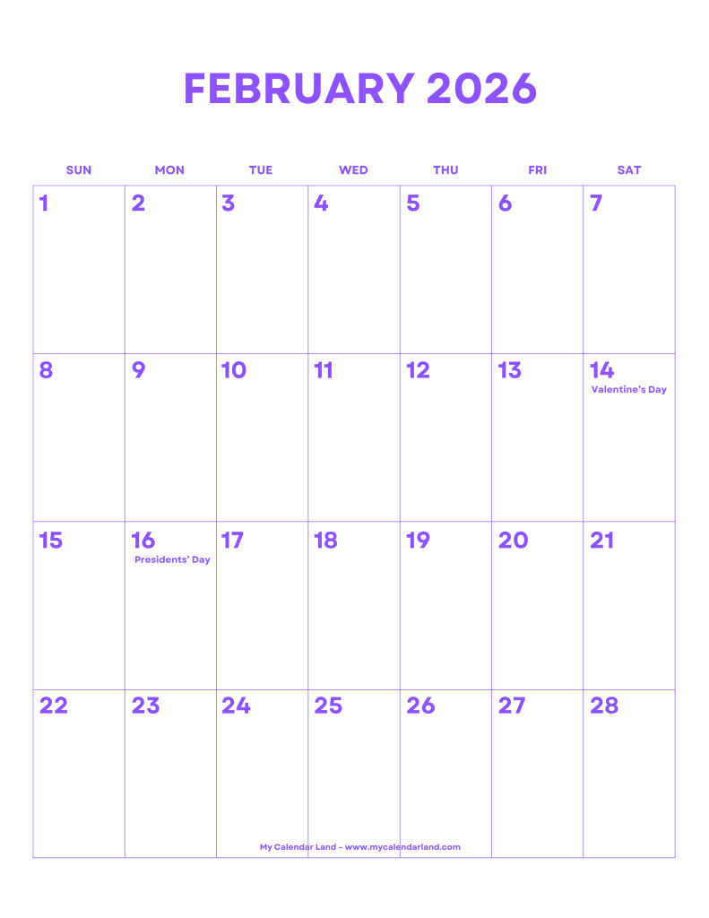 February 2026 Calendar – My Calendar Land intended for Feb 2026 Calendar Vertical