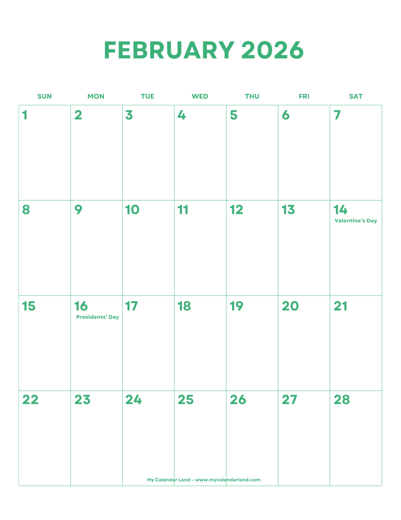 February 2026 Calendar – My Calendar Land regarding General Blue February 2026 Calendar