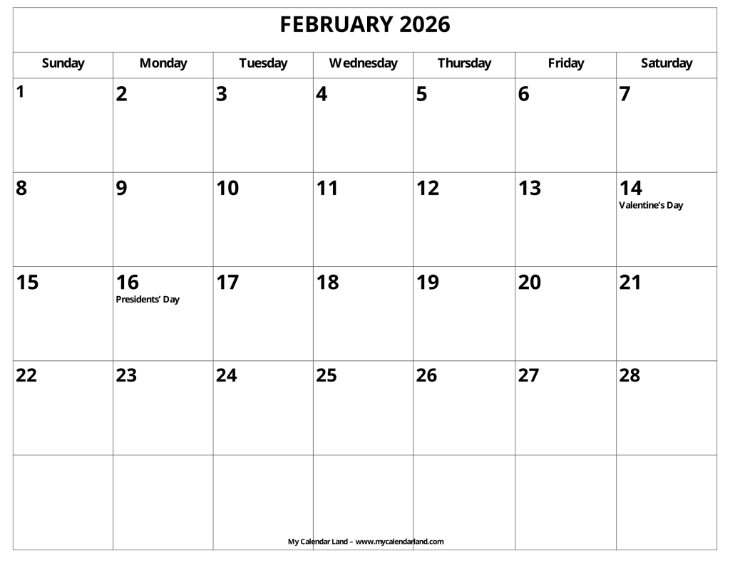 February 2026 Calendar – My Calendar Land with regard to February 2026 Calendar With Holidays Usa