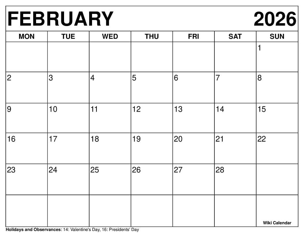 February 2026 Calendar - Printable Templates & More in Printable February 2026 Calendar Wiki