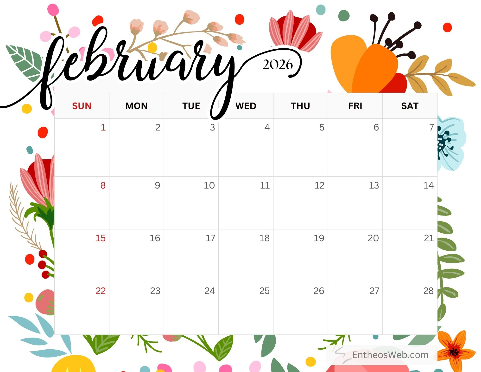 February 2026 Calendar Printables | Entheosweb for February 2026 Calendar Schedule
