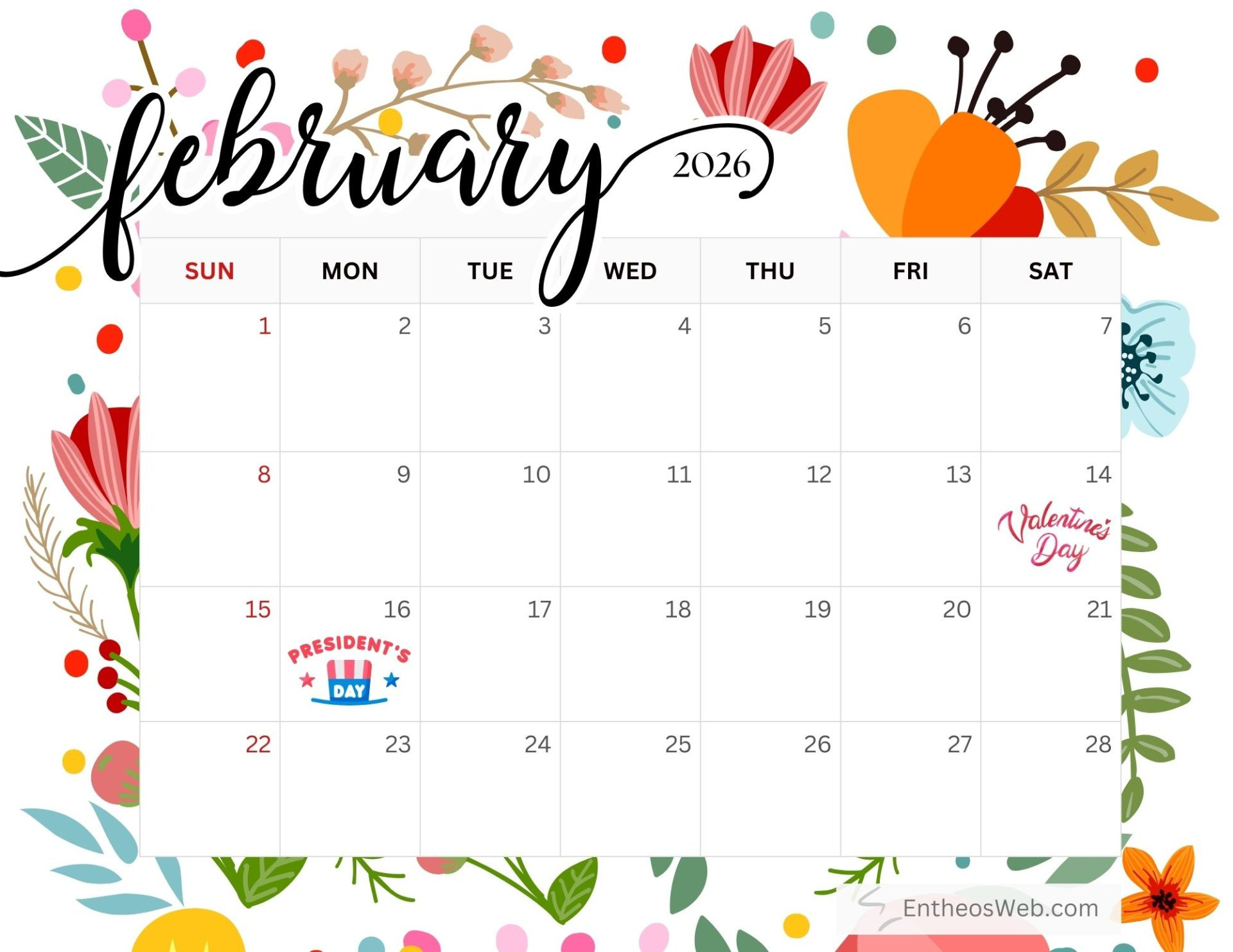 February 2026 Calendar Printables | Entheosweb with regard to February 2026 Calendar with Holidays