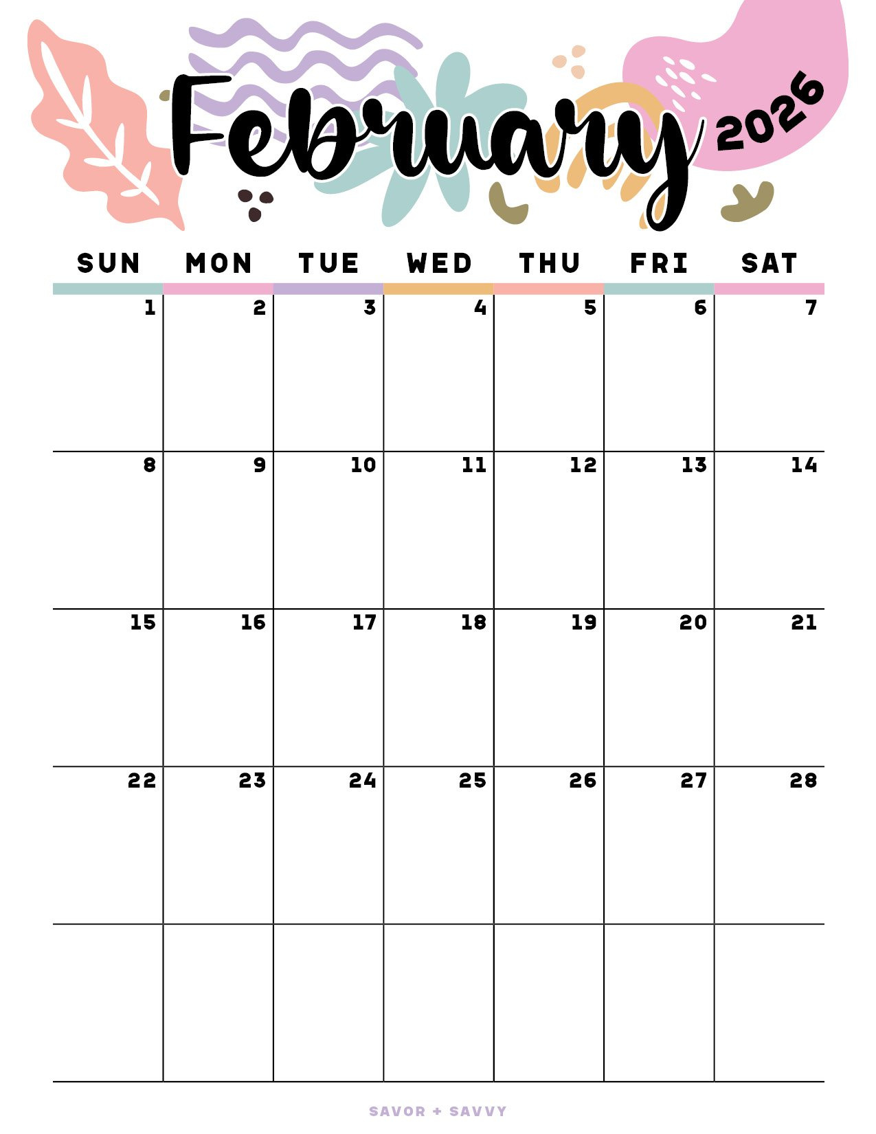 February 2026 Calendar Templates - 14 Free Printables - Savor + Savvy pertaining to February 2026 Calendar Vertical