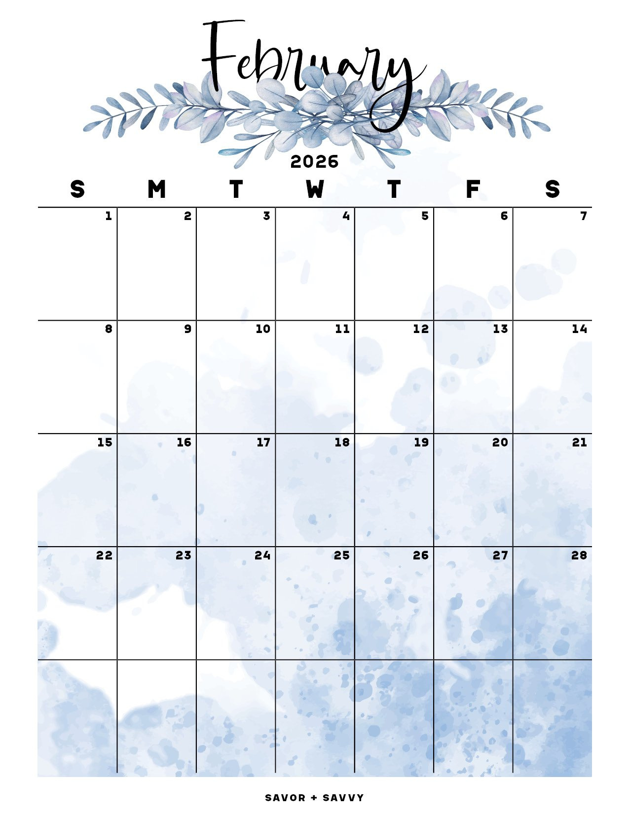 February 2026 Calendar Templates - 14 Free Printables - Savor + Savvy with February 2026 Calendar Blue
