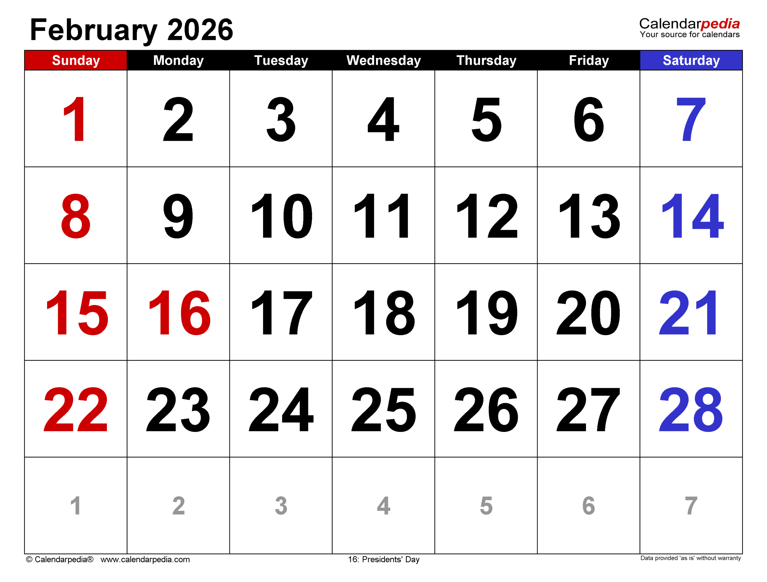 February 2026 Calendar | Templates For Pdf, Excel And Word for Feb 2026 Calendar Canada