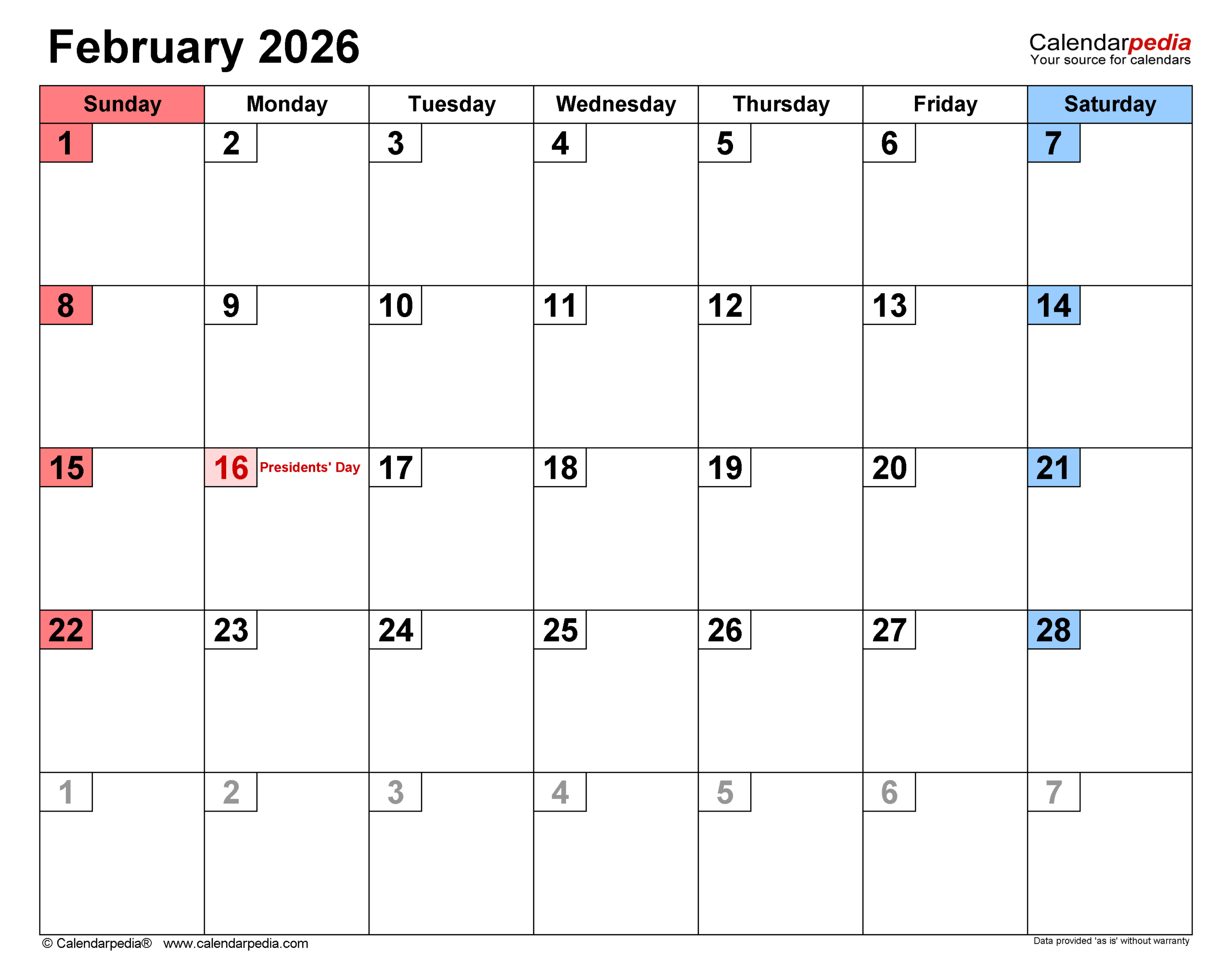 February 2026 Calendar | Templates For Pdf, Excel And Word in February 2026 Calendar Korea