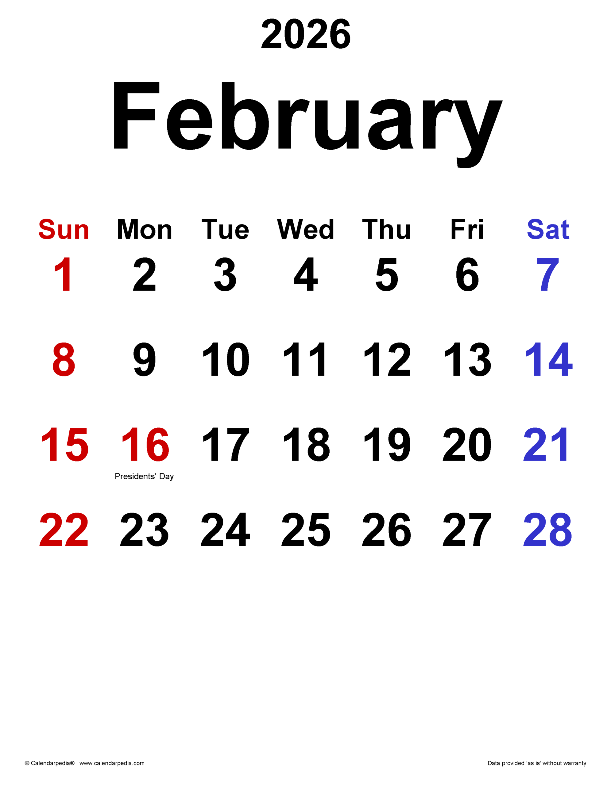 February 2026 Calendar | Templates For Pdf, Excel And Word intended for Feb 2026 Calendar Png