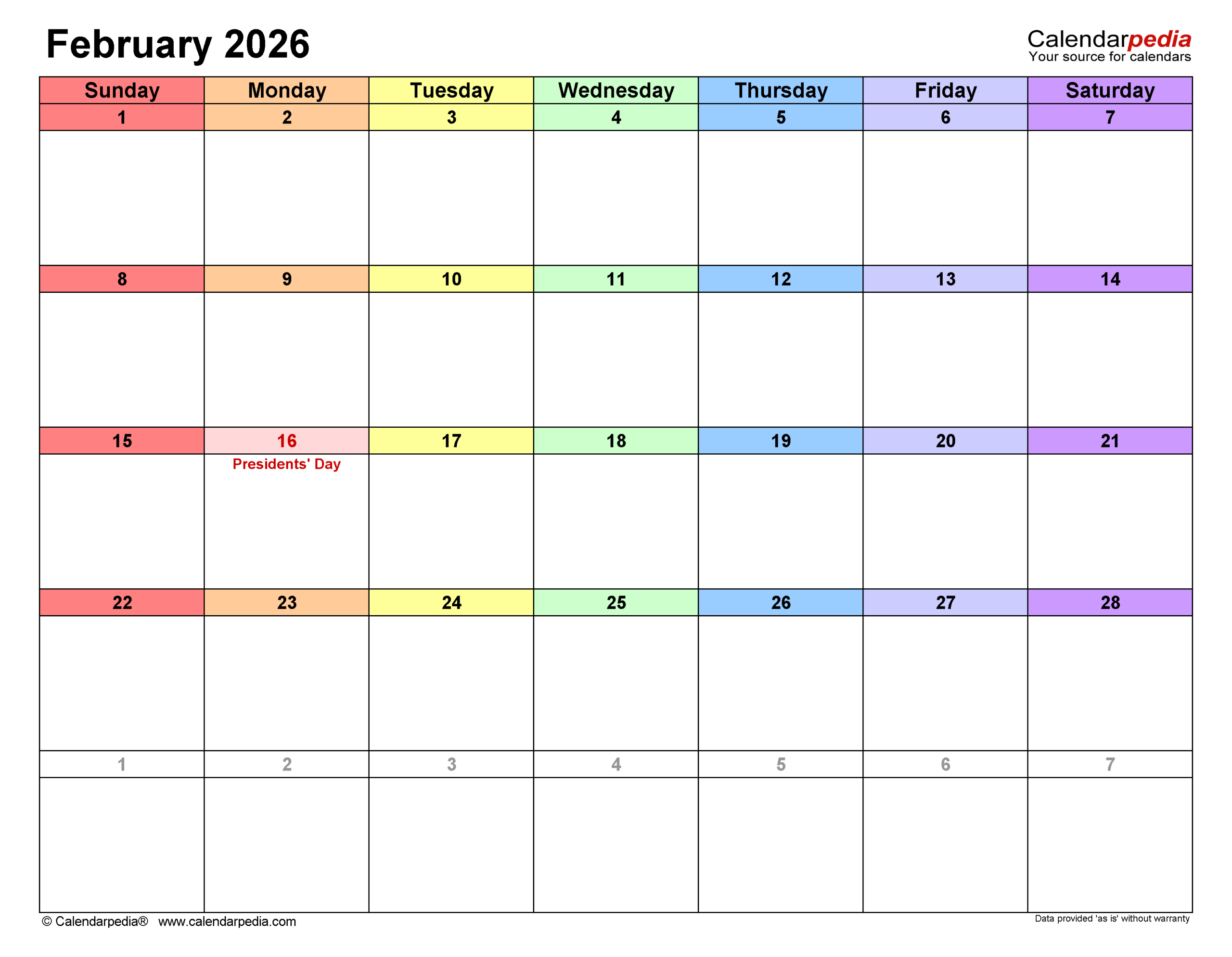 February 2026 Calendar | Templates For Pdf, Excel And Word with regard to February 2026 Calendar Fillable