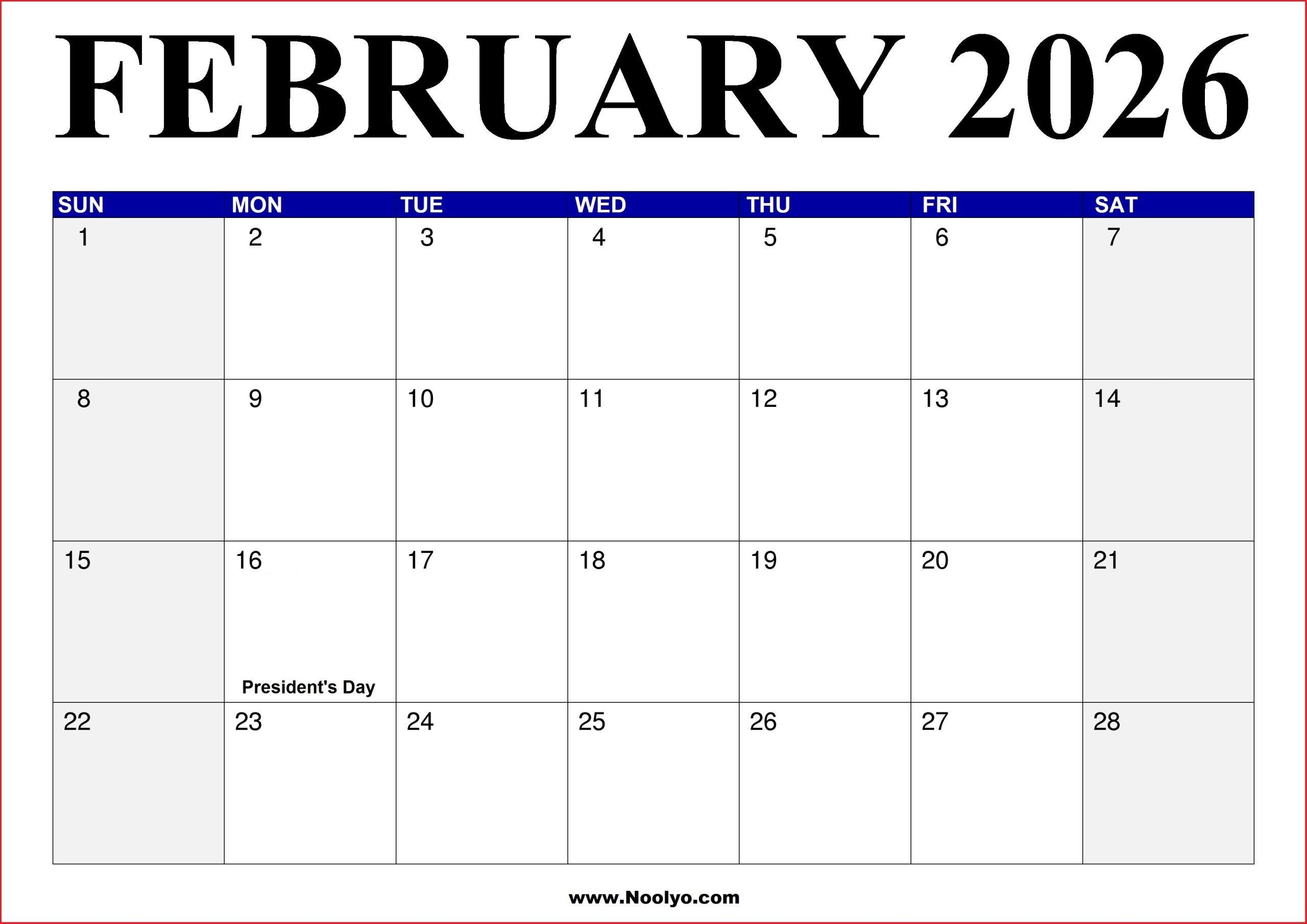 February 2026 Calendar With Holidays – Noolyo within Feb Schedule 2026