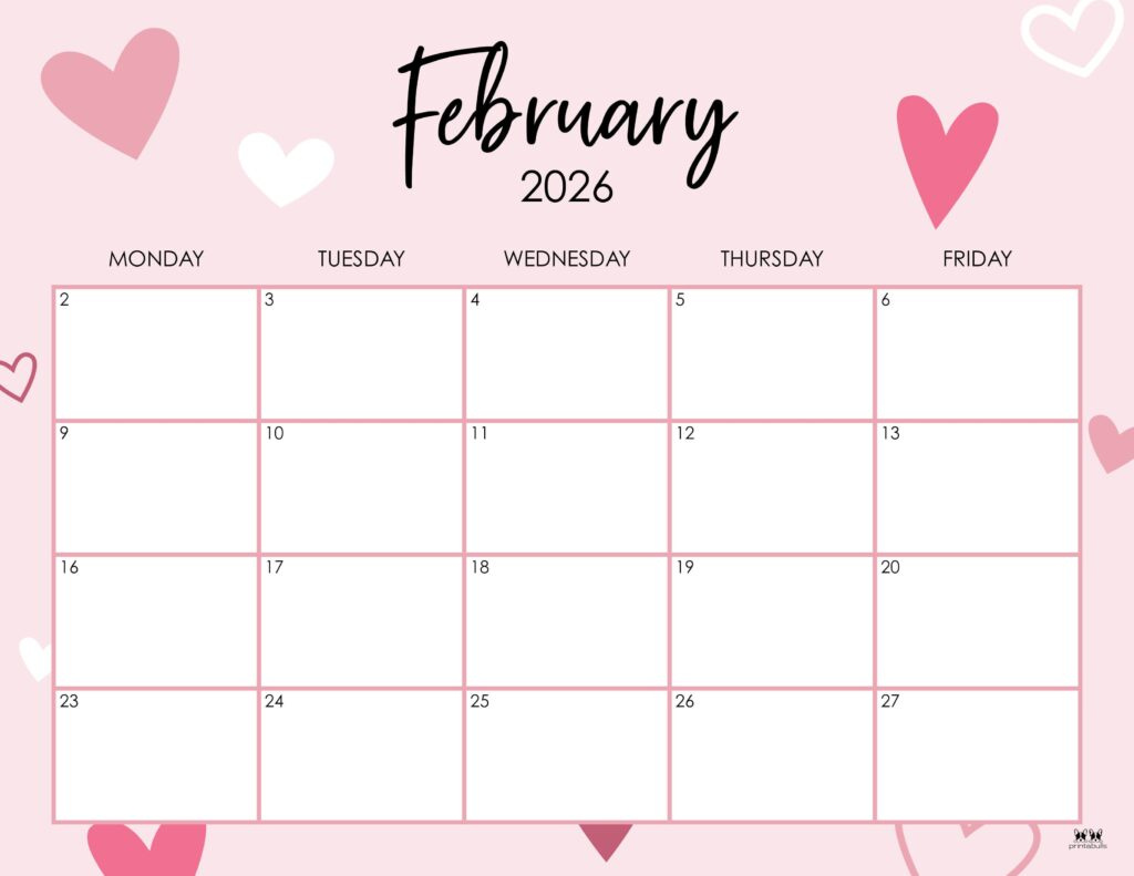 February 2026 Calendars - 150 Free Printables | Printabulls for February 2026 Calendar Love