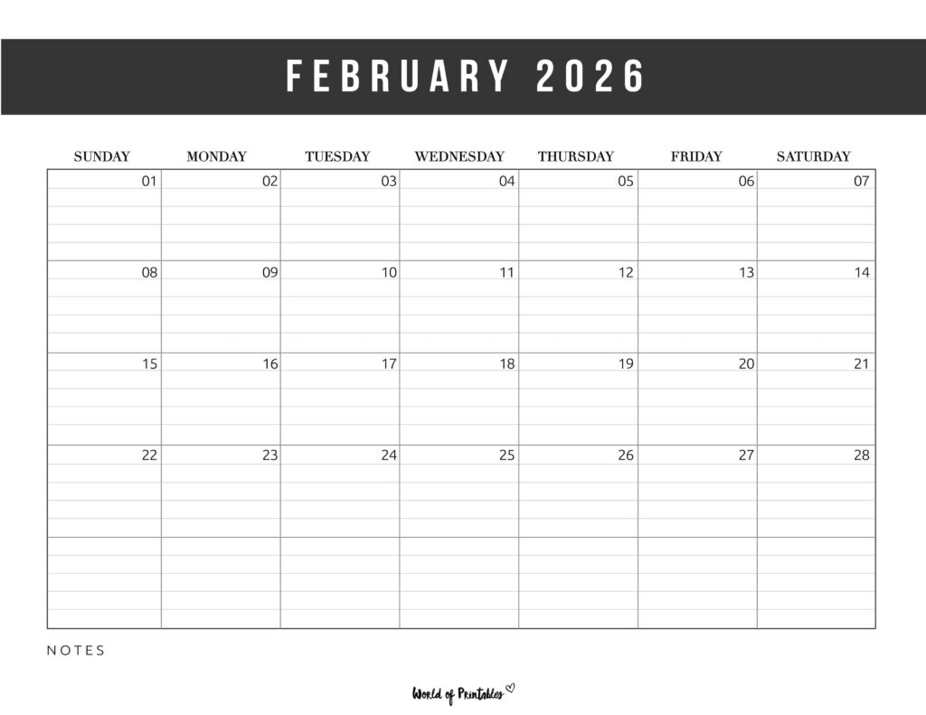 February 2026 Calendars - 200 Free Printables - World Of Printables inside Printable February 2026 Calendar With Lines