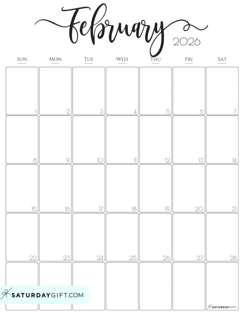 February 2026 Calendars - 23 Cute Free Printable Pdfssaturdaygift throughout February 2026 Calendar Portrait