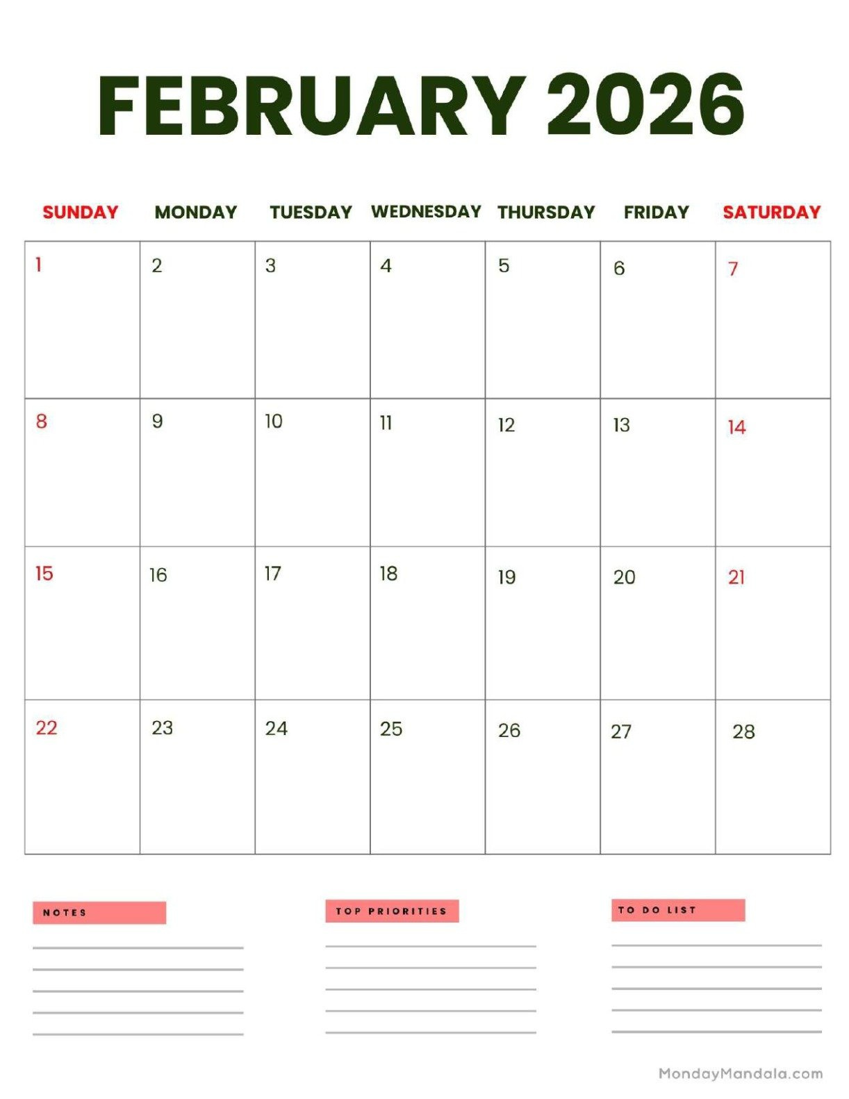 February 2026 Calendars (Free Pdf Printables) in February 2026 Printable Calendar Portrait