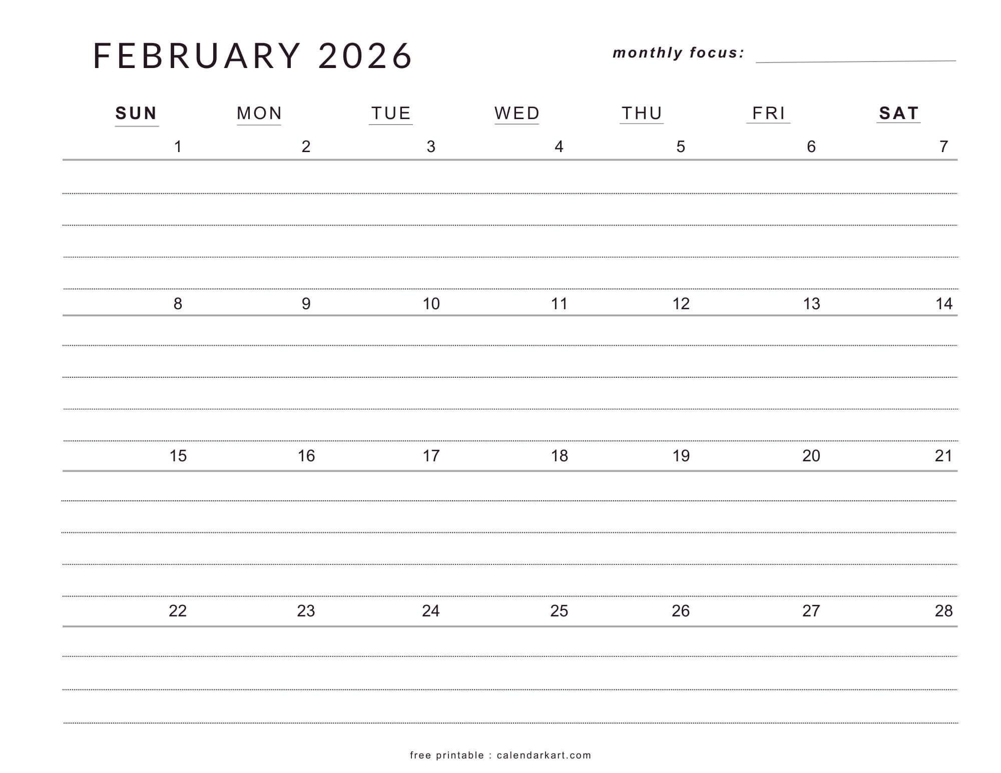 February 2026 Calendars - Free Printable Pdfs - Calendarkart with February 2026 Calendar Printable with Lines