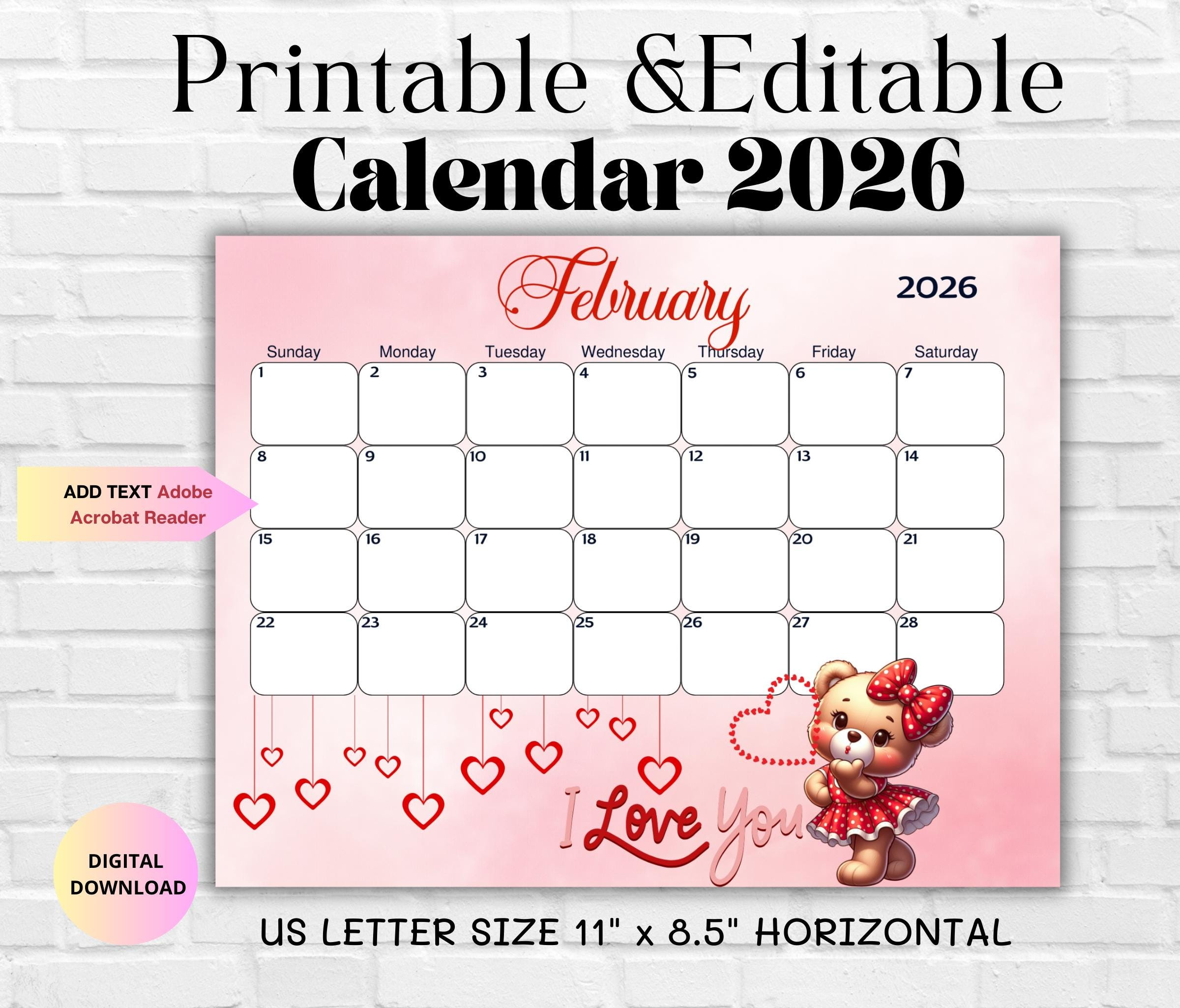February 2026 Editable Printable Calendar-Sweet Valentine 2026 within February 2026 Editable Calendar