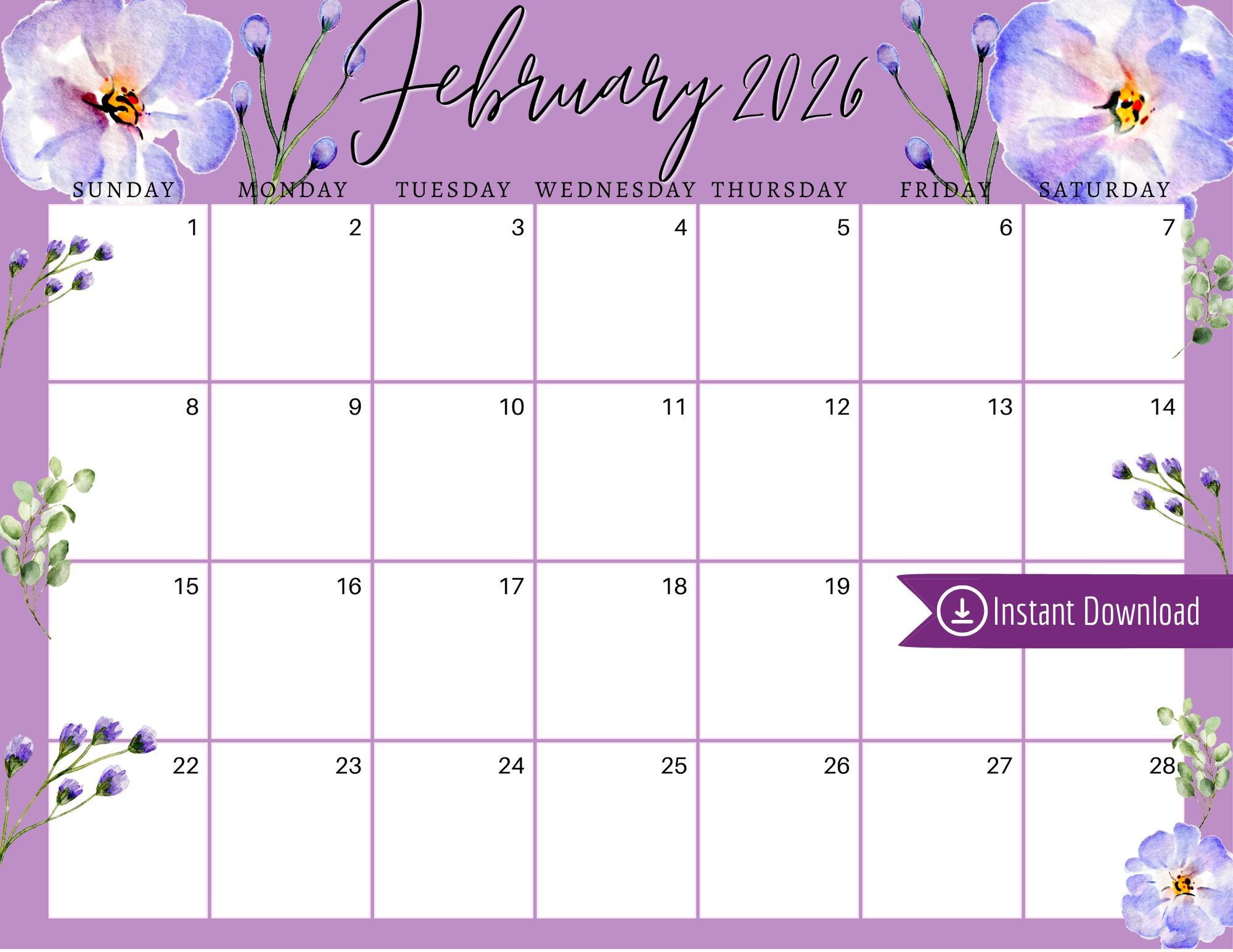 February 2026 Floral Calendar: Editable, Fillable Planner (Pdf pertaining to February 2026 Calendar From Waterproof