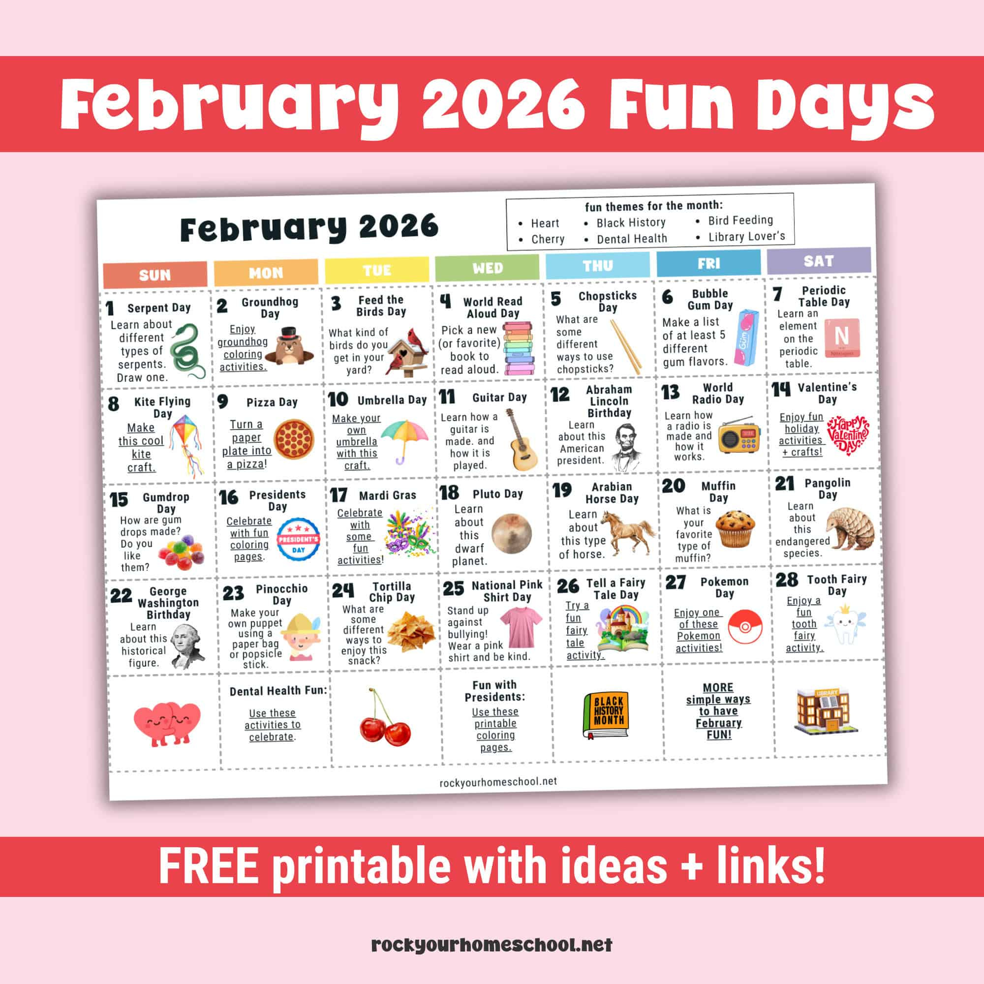 February 2026 Fun Days Calendar- Rock Your Homeschool inside February 2026 Calendar National Days
