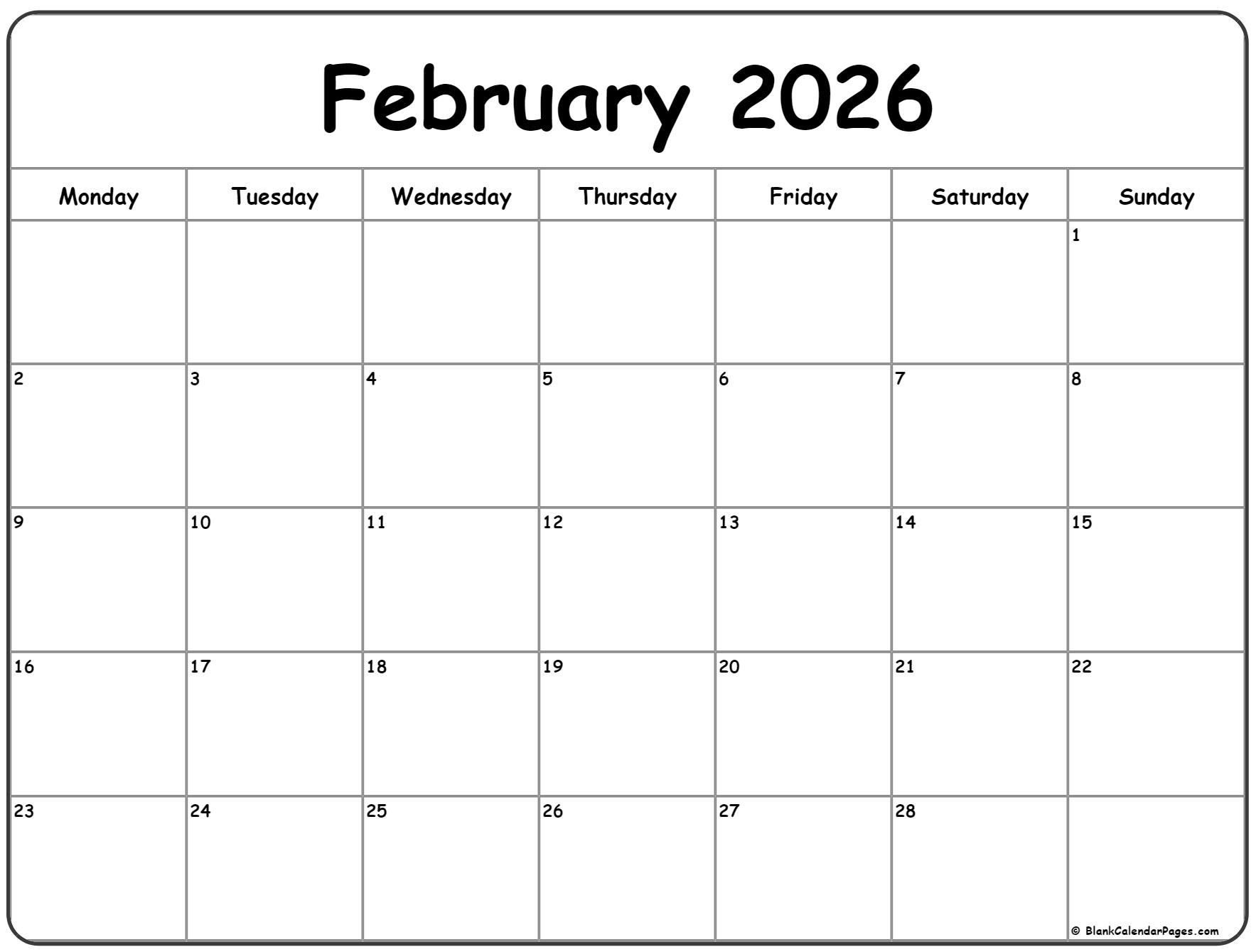 February 2026 Monday Calendar | Monday To Sunday in February 2026 Calendar Monday To Sunday