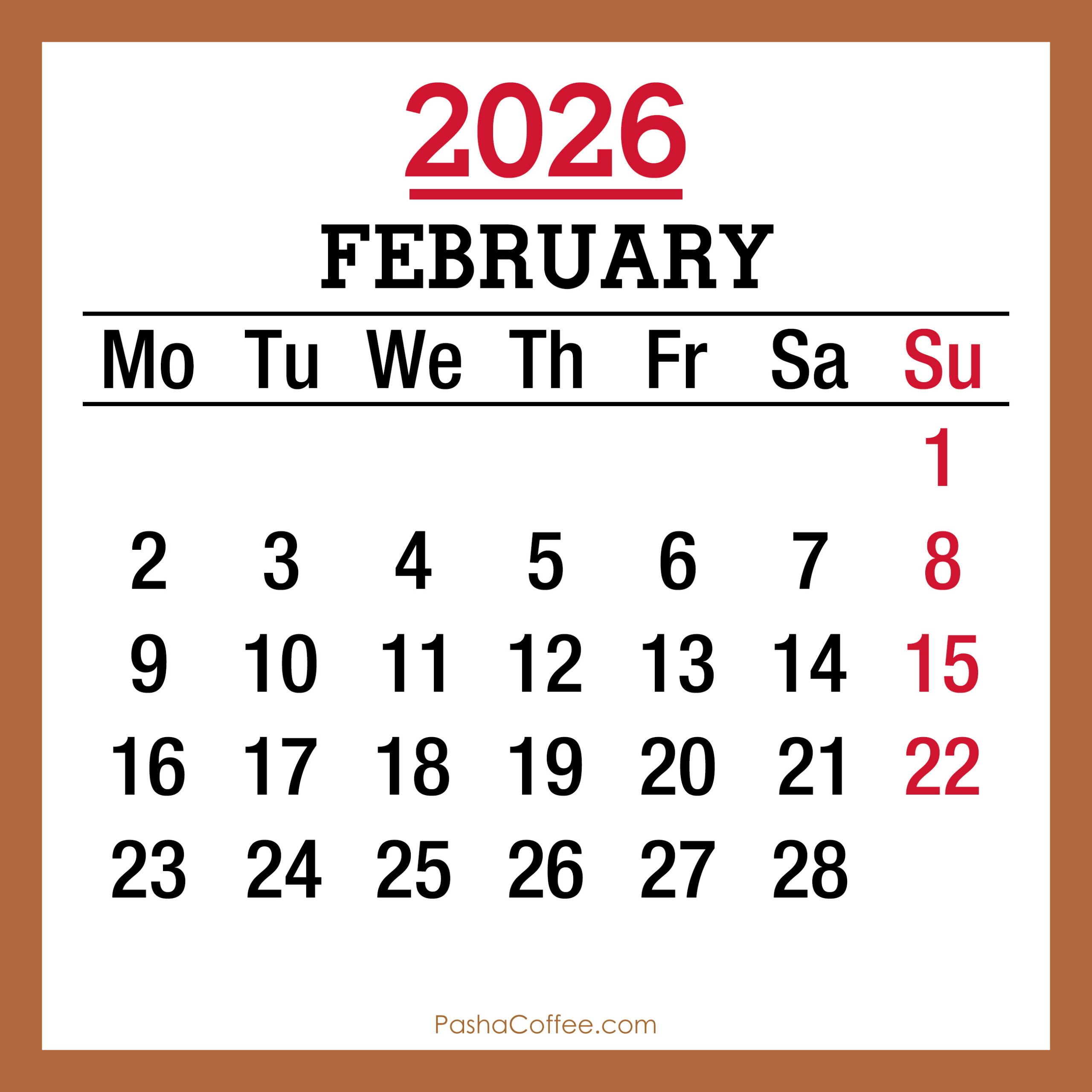 February 2026 Monthly Calendar, Printable Free, Monday Start throughout February 2026 Calendar Starting Monday
