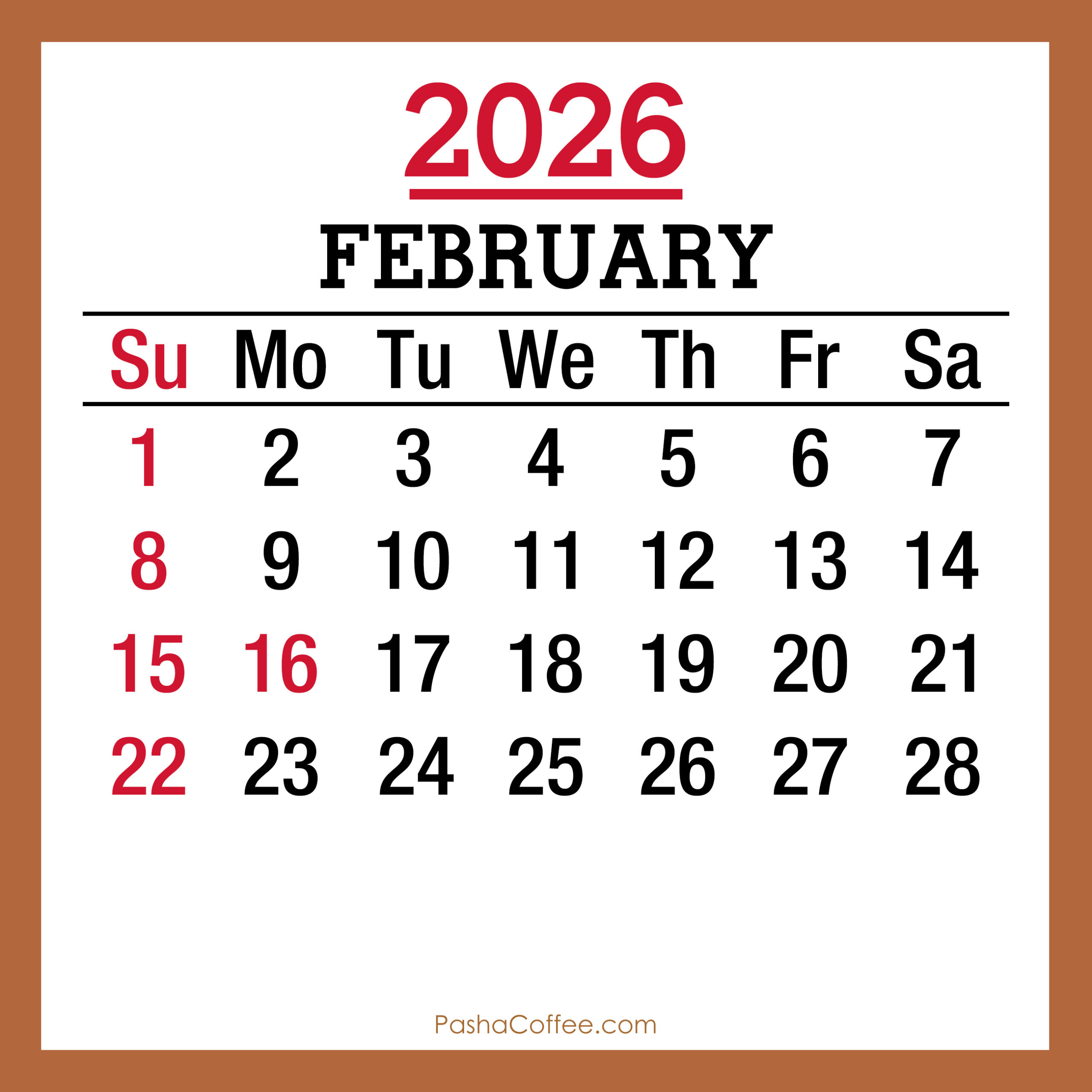 February 2026 Monthly Calendar With Holidays, Printable Free in February 2026 Calendar with Holidays