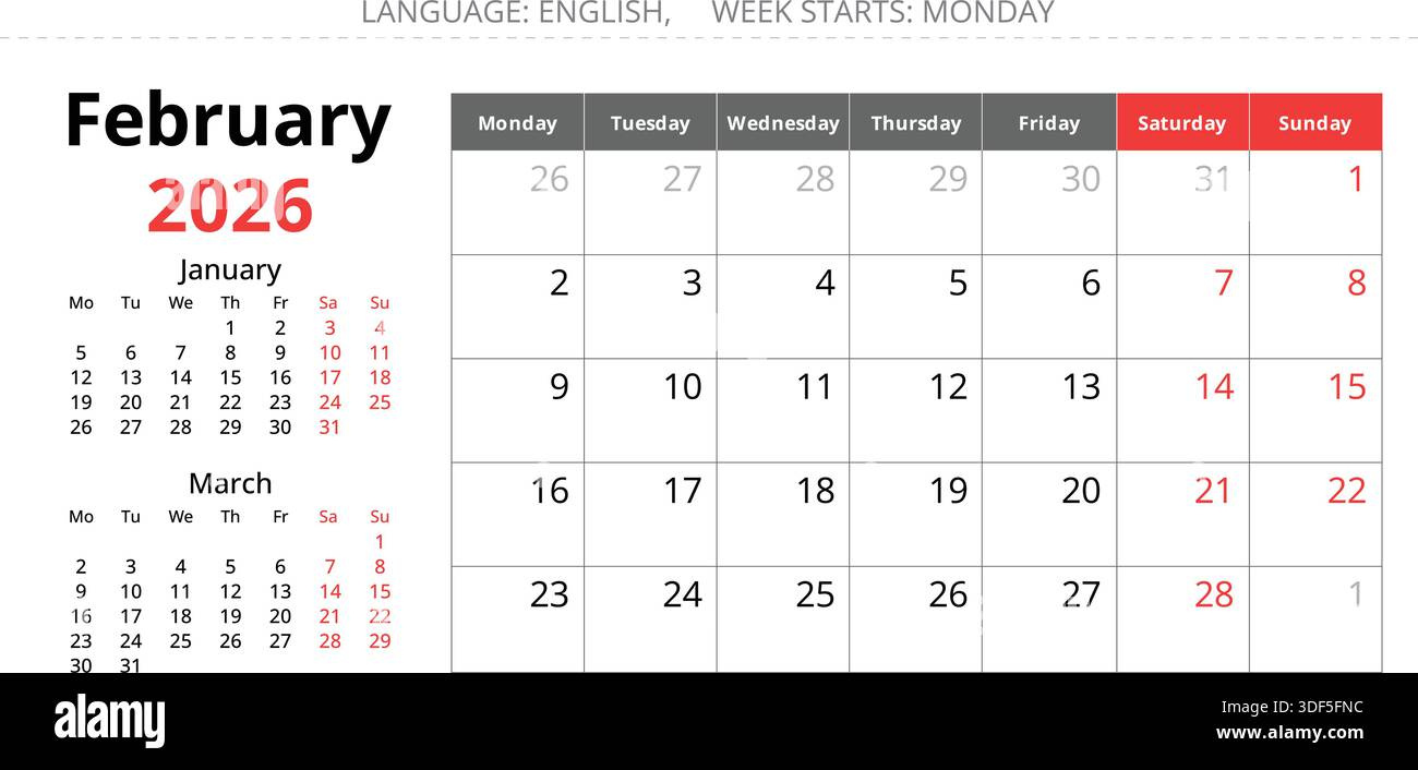 February 2026 Monthly English Calendar. Monday Start, Clean Vector in February 2026 Calendar English