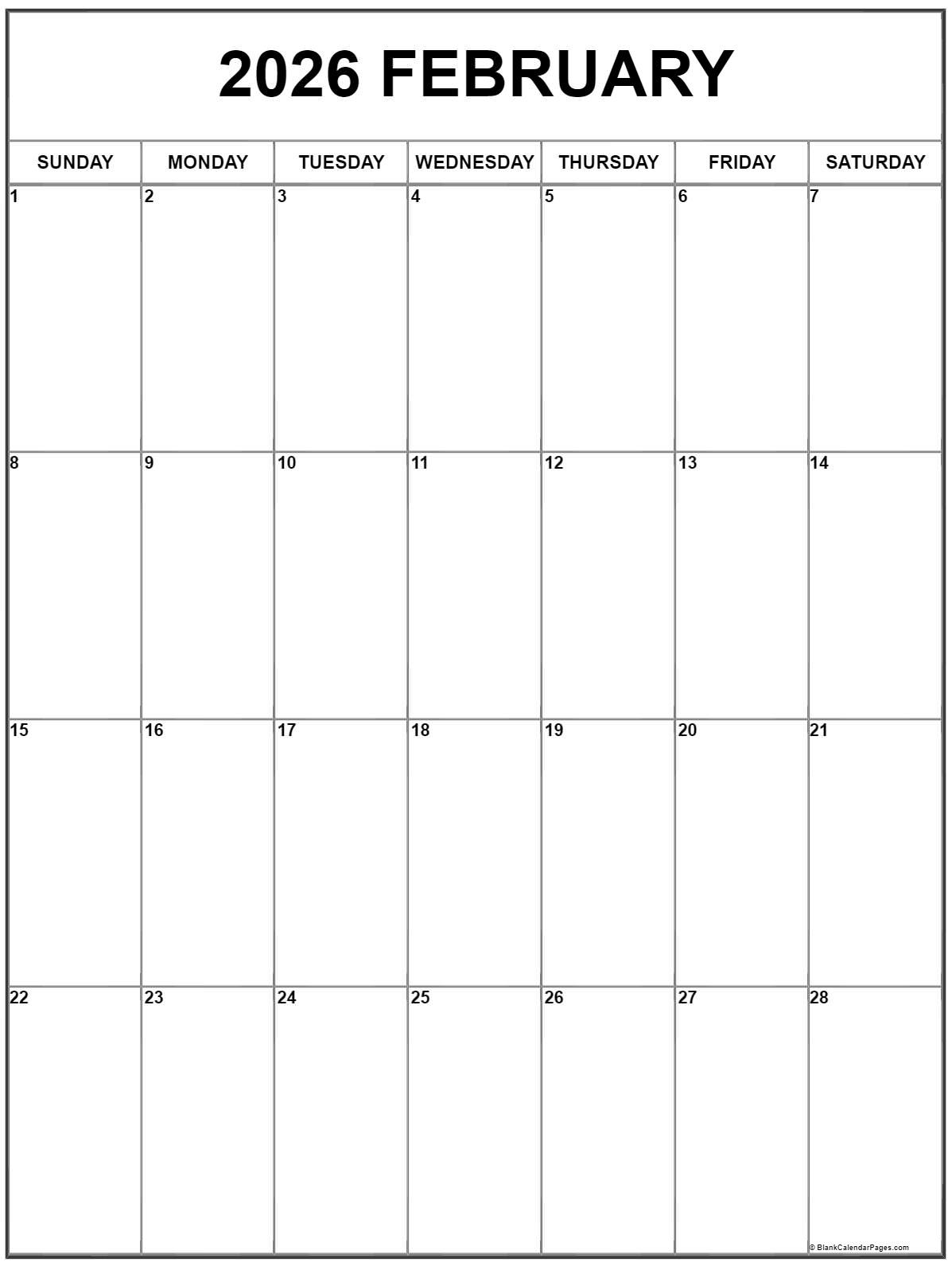 February 2026 Vertical Calendar | Portrait throughout February 2026 Calendar Blank Calendar Pages
