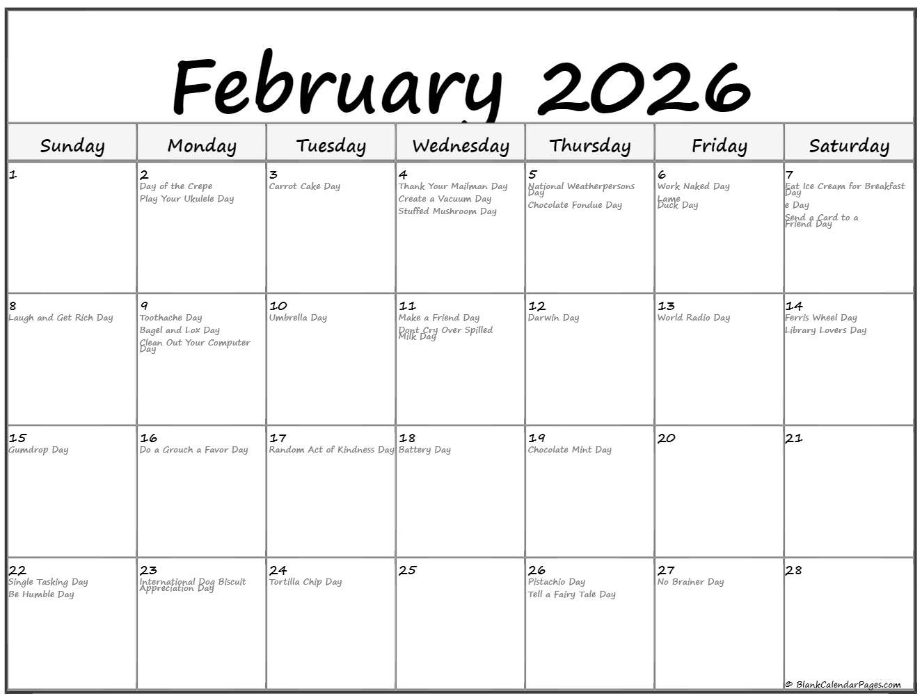 February 2026 With Holidays Calendar intended for February 2026 Calendar National Holidays