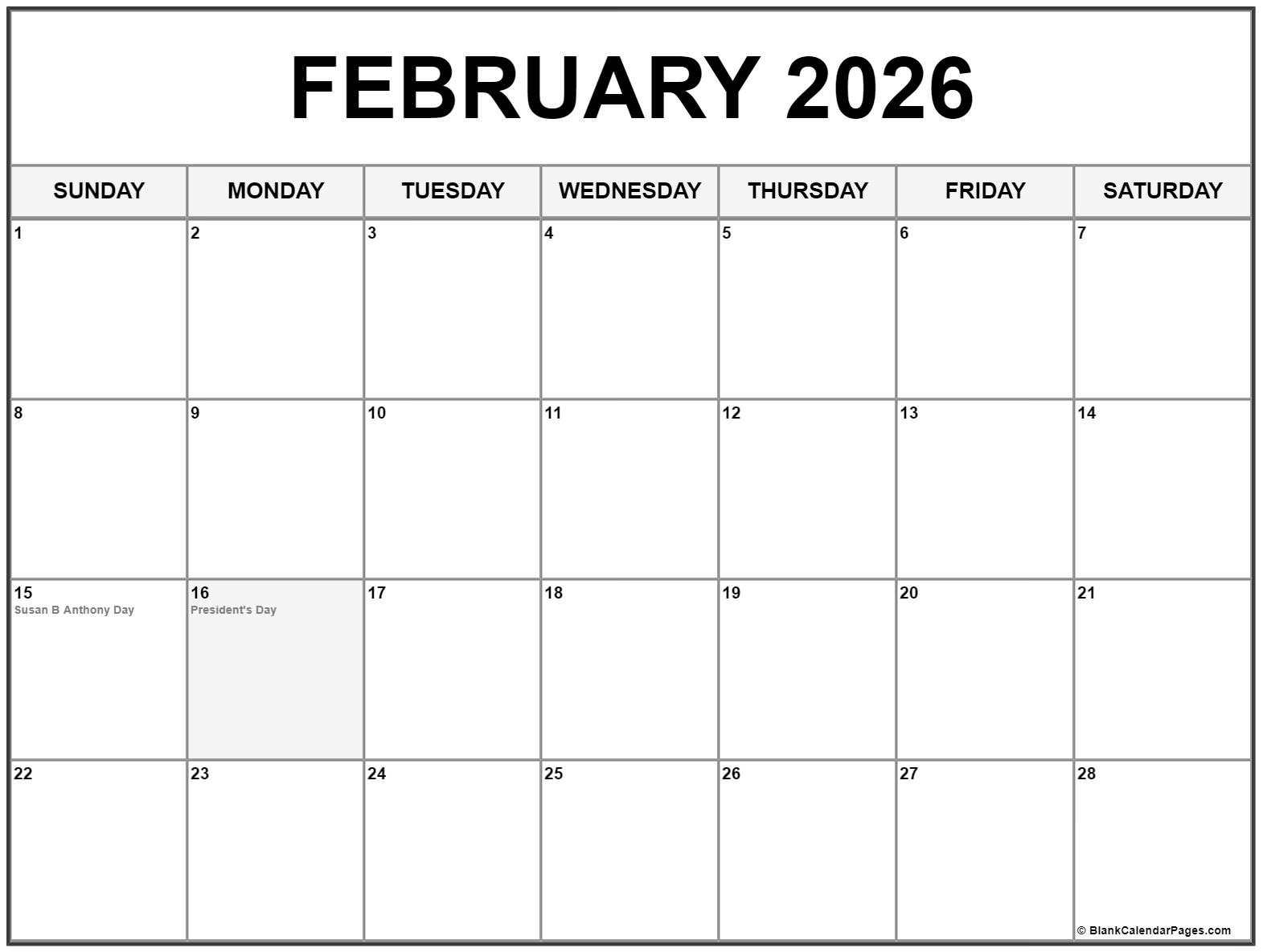 February 2026 With Holidays Calendar throughout February 2026 Calendar Federal Holidays