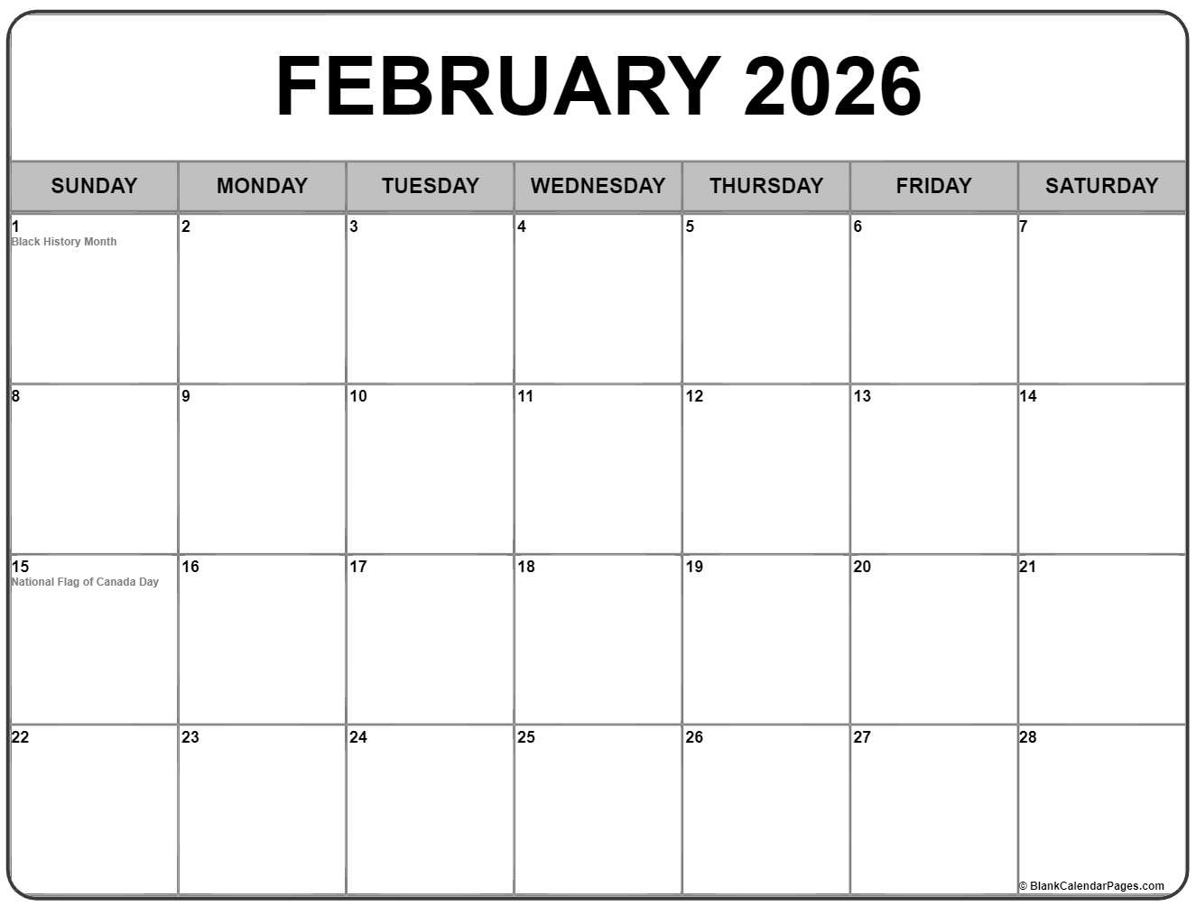 February 2026 With Holidays Calendar with February 2026 Calendar With Canadian Holidays