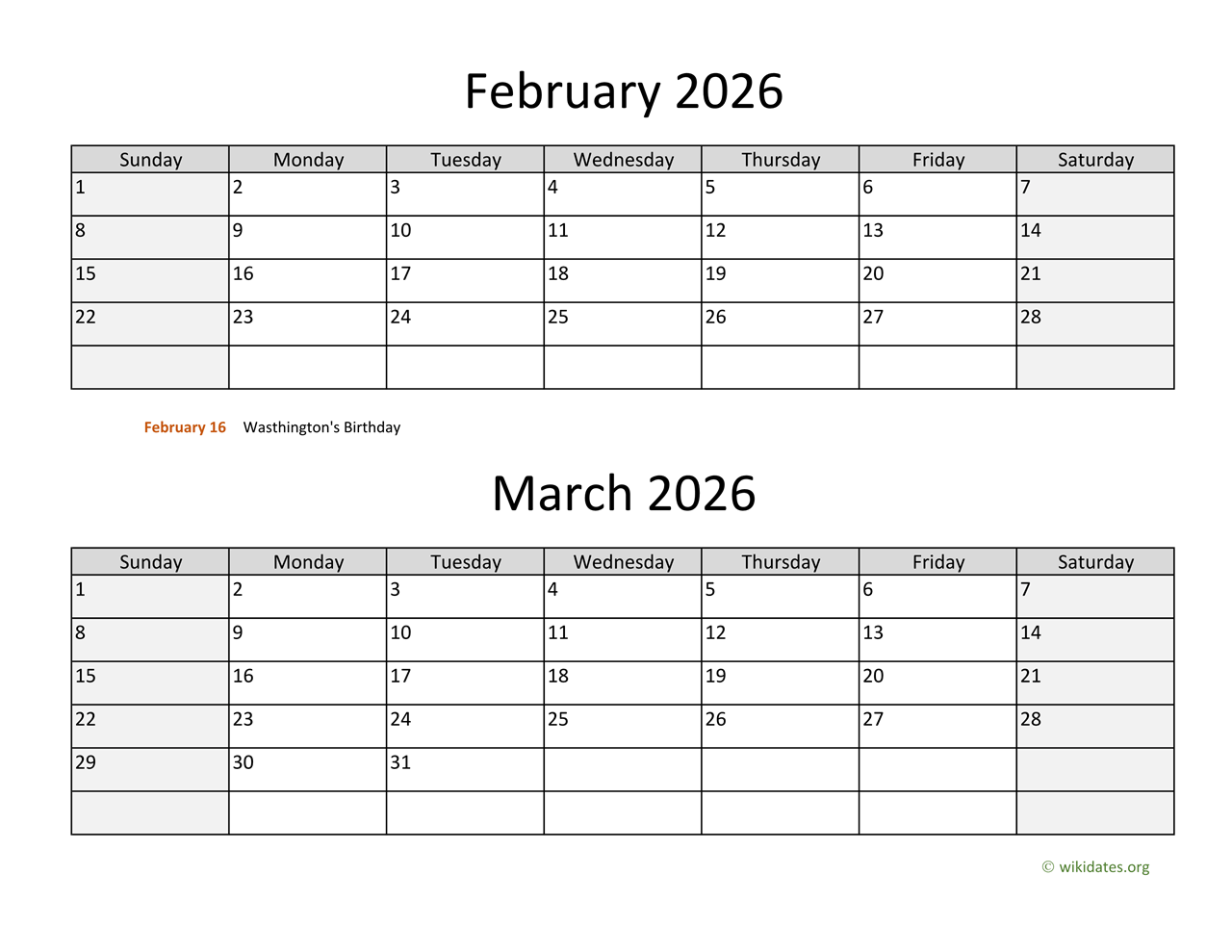 February And March 2026 Calendar | Wikidates intended for February and March 2026 Calendar Printable