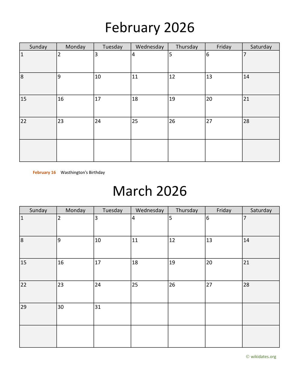 February And March 2026 Calendar | Wikidates pertaining to February and March 2026 Printable Calendar