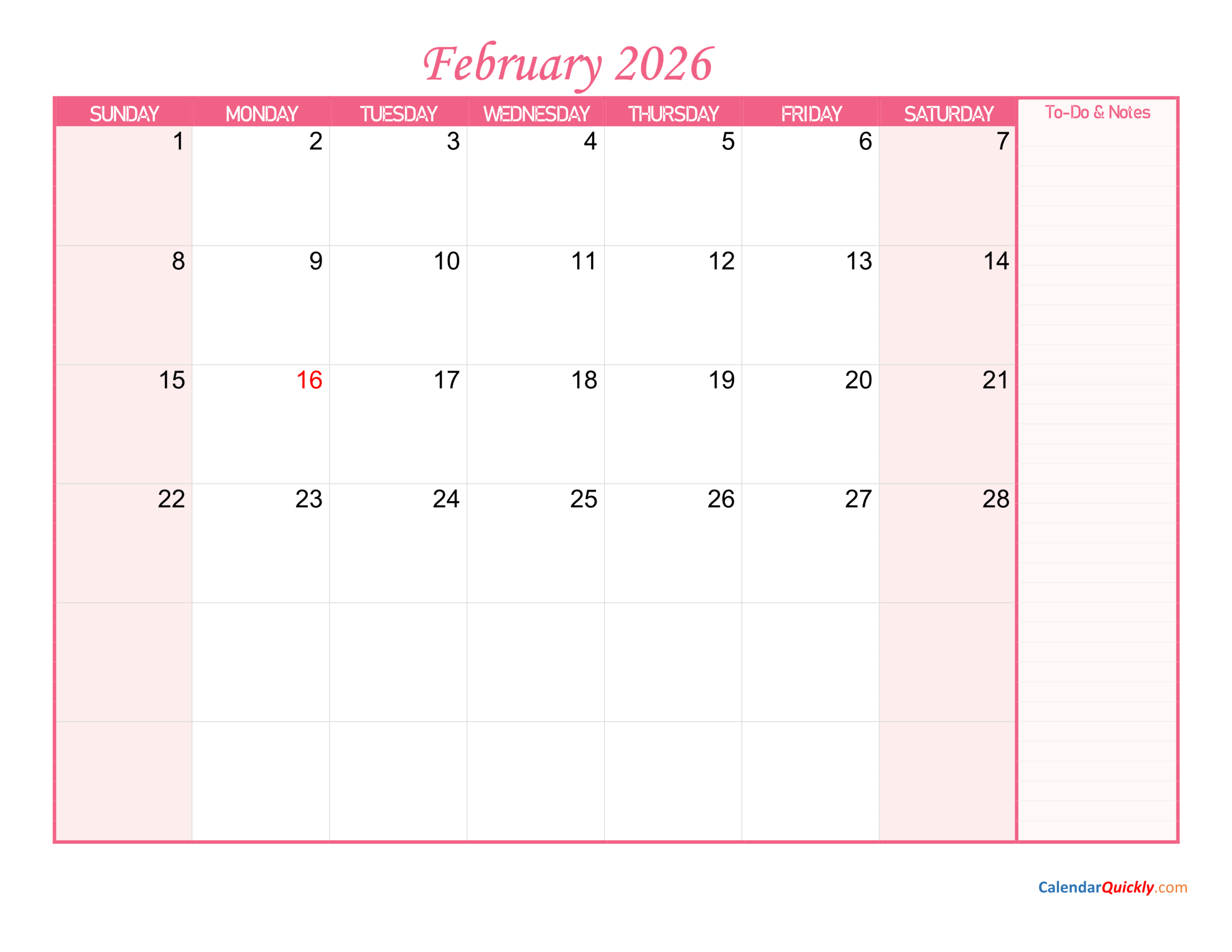 February Calendar 2026 With Notes | Calendar Quickly throughout February 2026 Calendar with Notes